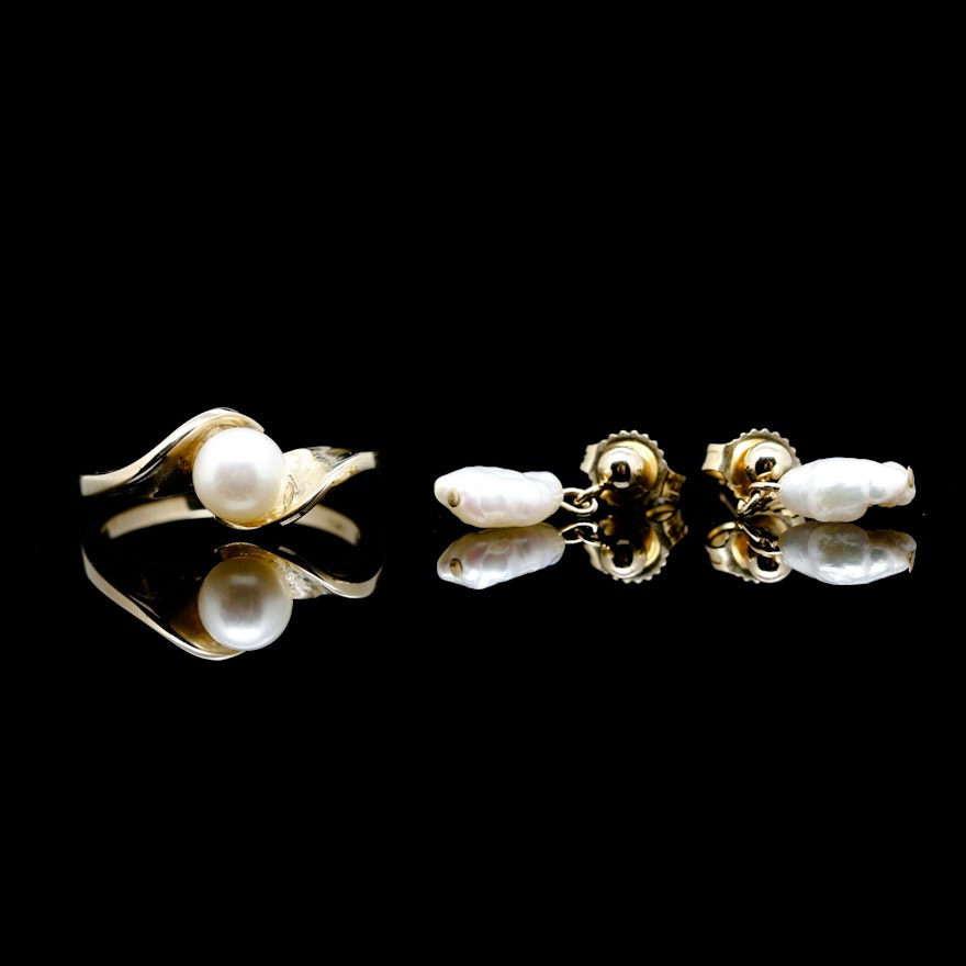 14K Yellow Gold Cultured Pearl Ring and Earrings