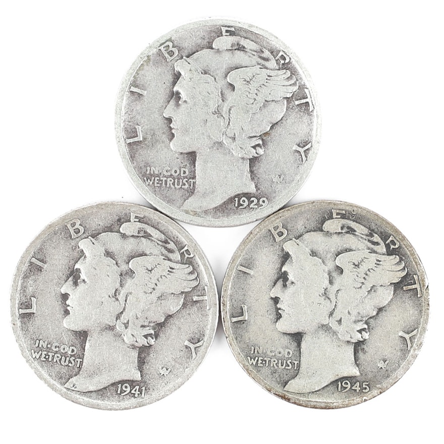 1929, 1941, and 1945 Silver Mercury Dimes