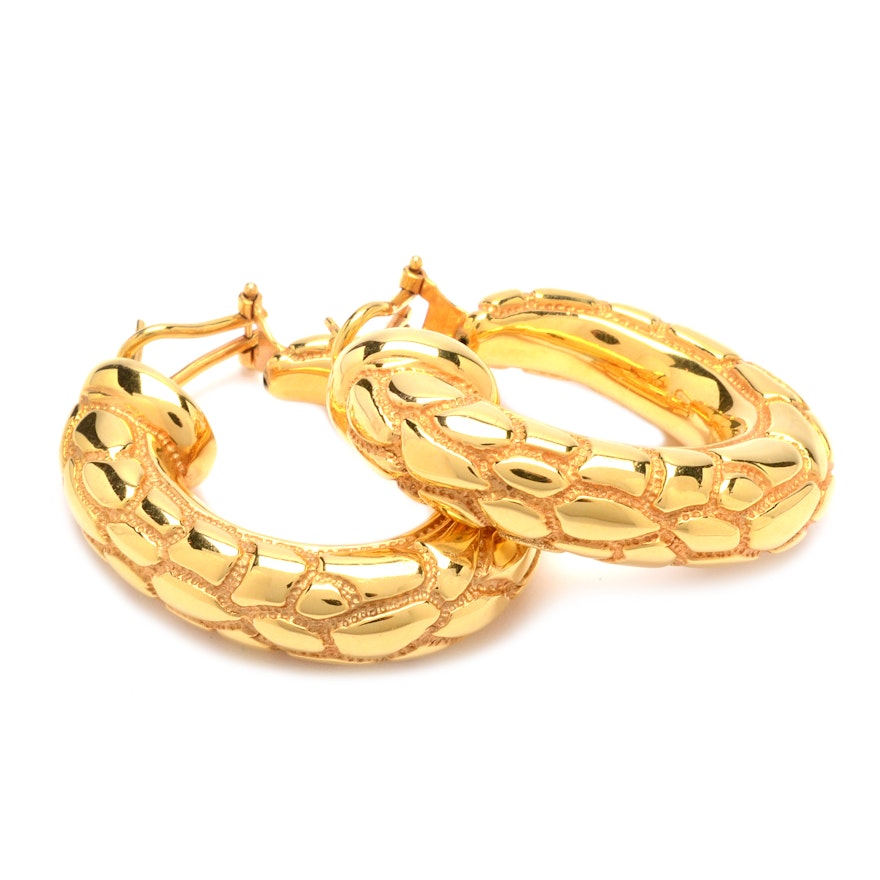 14K Yellow Gold Textured Hollow Hoop Earrings