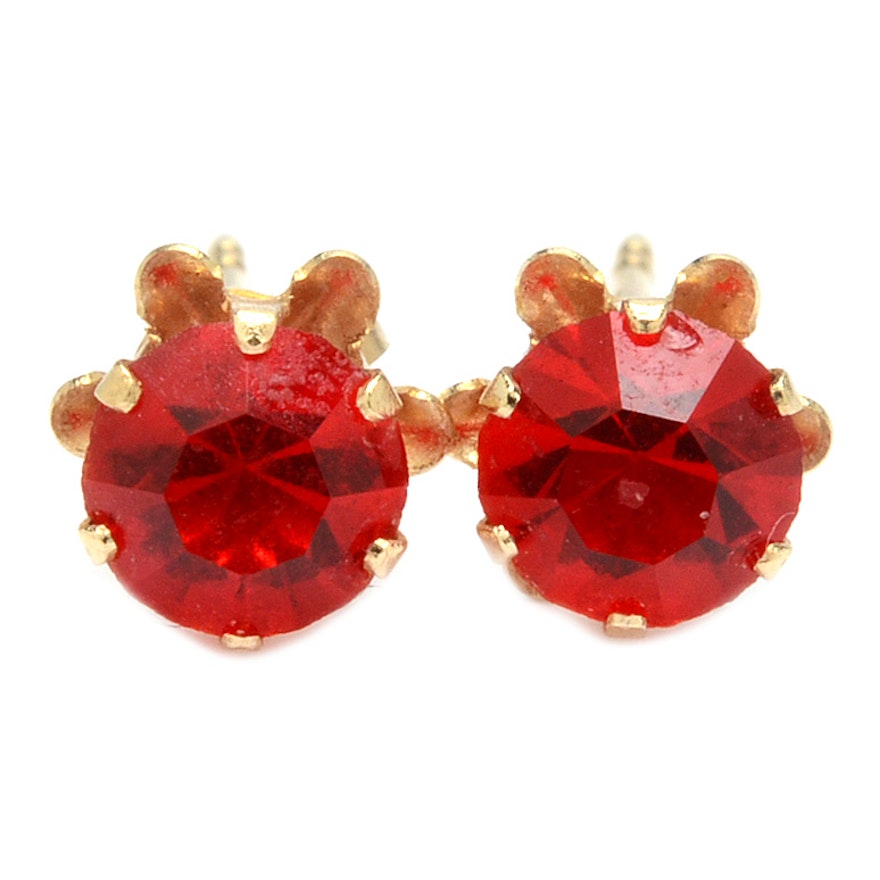 14K Yellow Gold Red Glass Stud Earrings