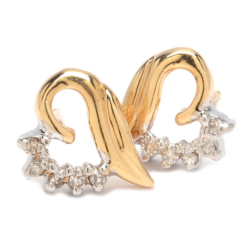 14K Yellow Gold Diamond Heart Shaped Earrings