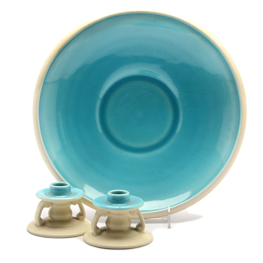 Rookwood Low Bowl and Candleholders in Cream and Aqua Low Glaze