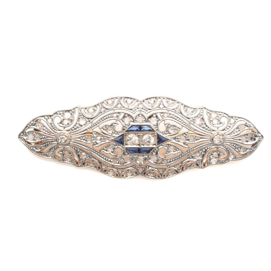 Early Art Deco 18K White Gold and Platinum Diamond and Synthetic Sapphire Brooch