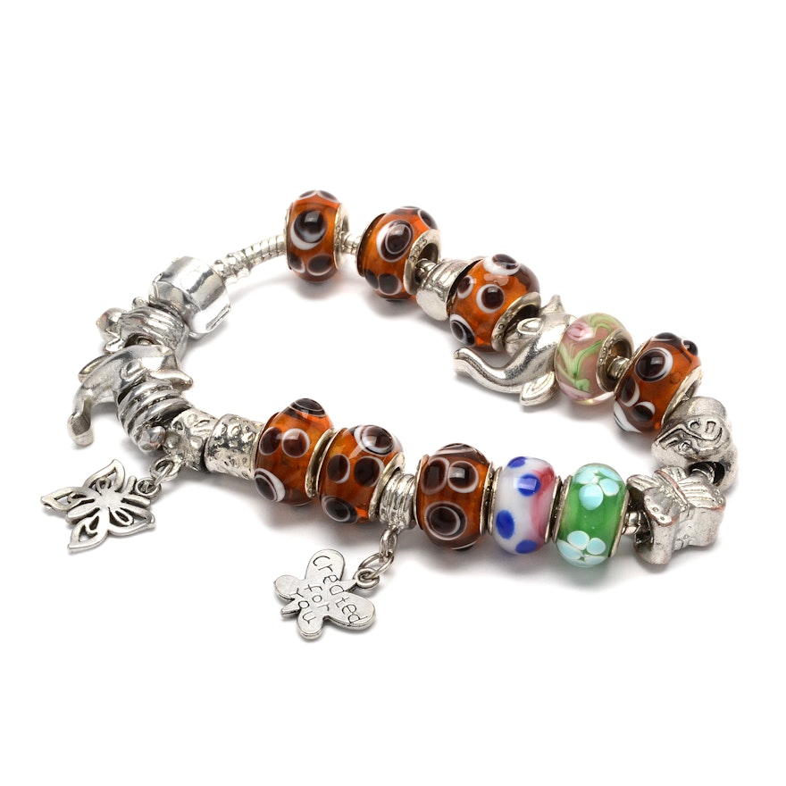 Slide Charm Bracelet and Charms Including Sterling Silver Trimmed Lampwork Beads
