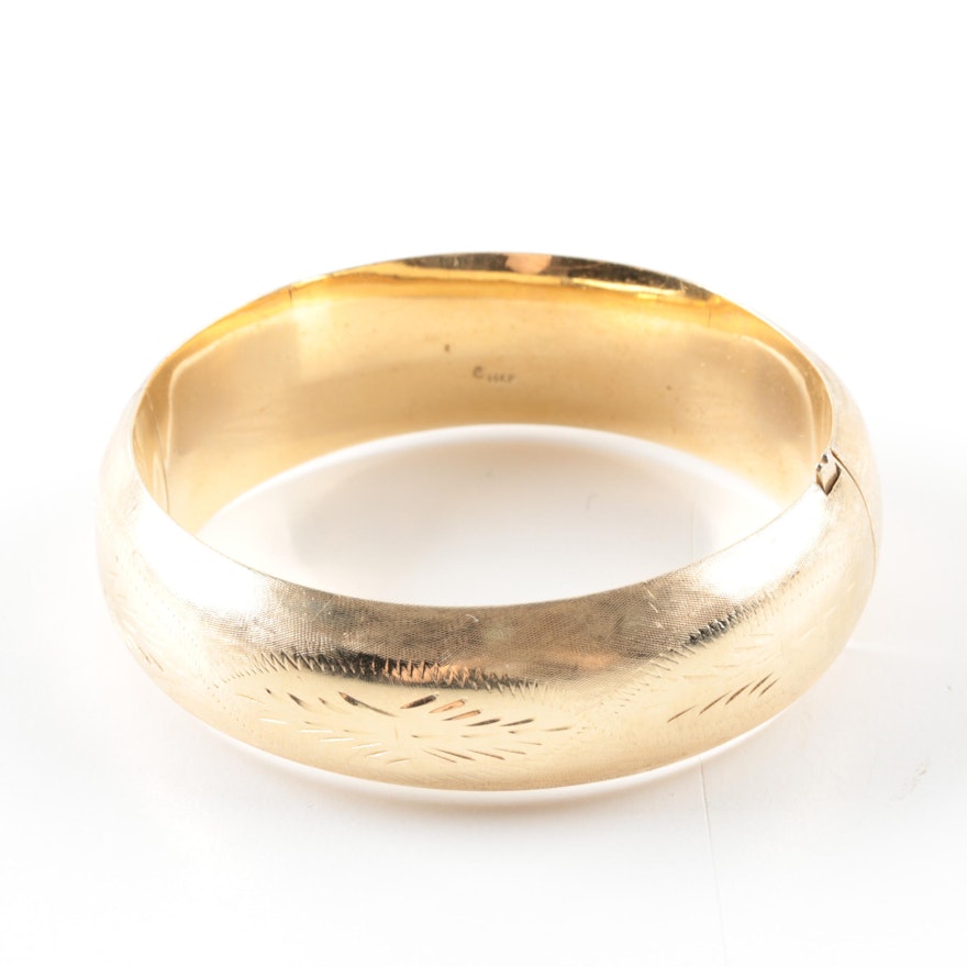 14K Yellow Gold Etched Hinged Bangle Bracelet