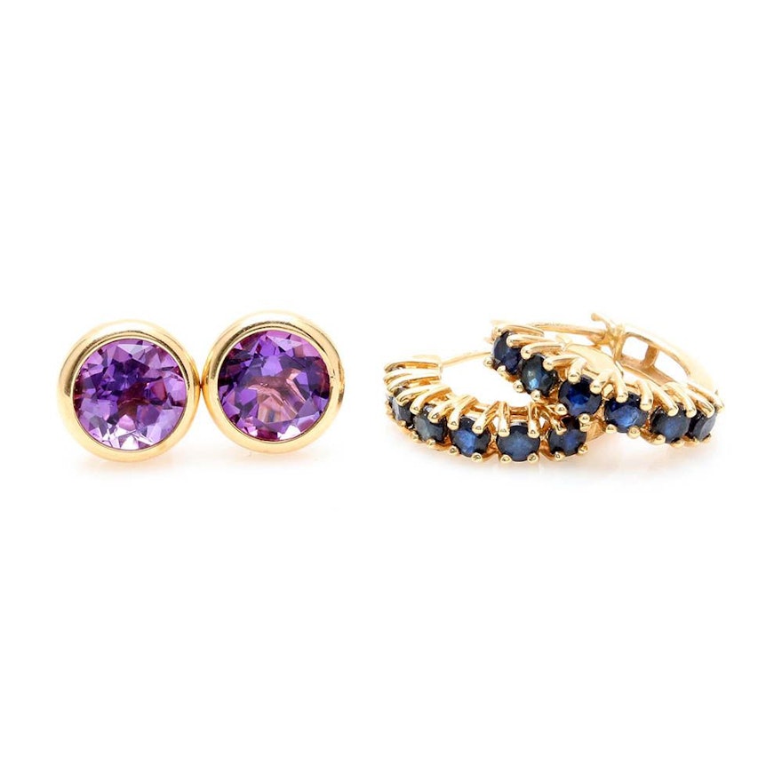 14K Yellow Gold Sapphire and Amethyst Earrings