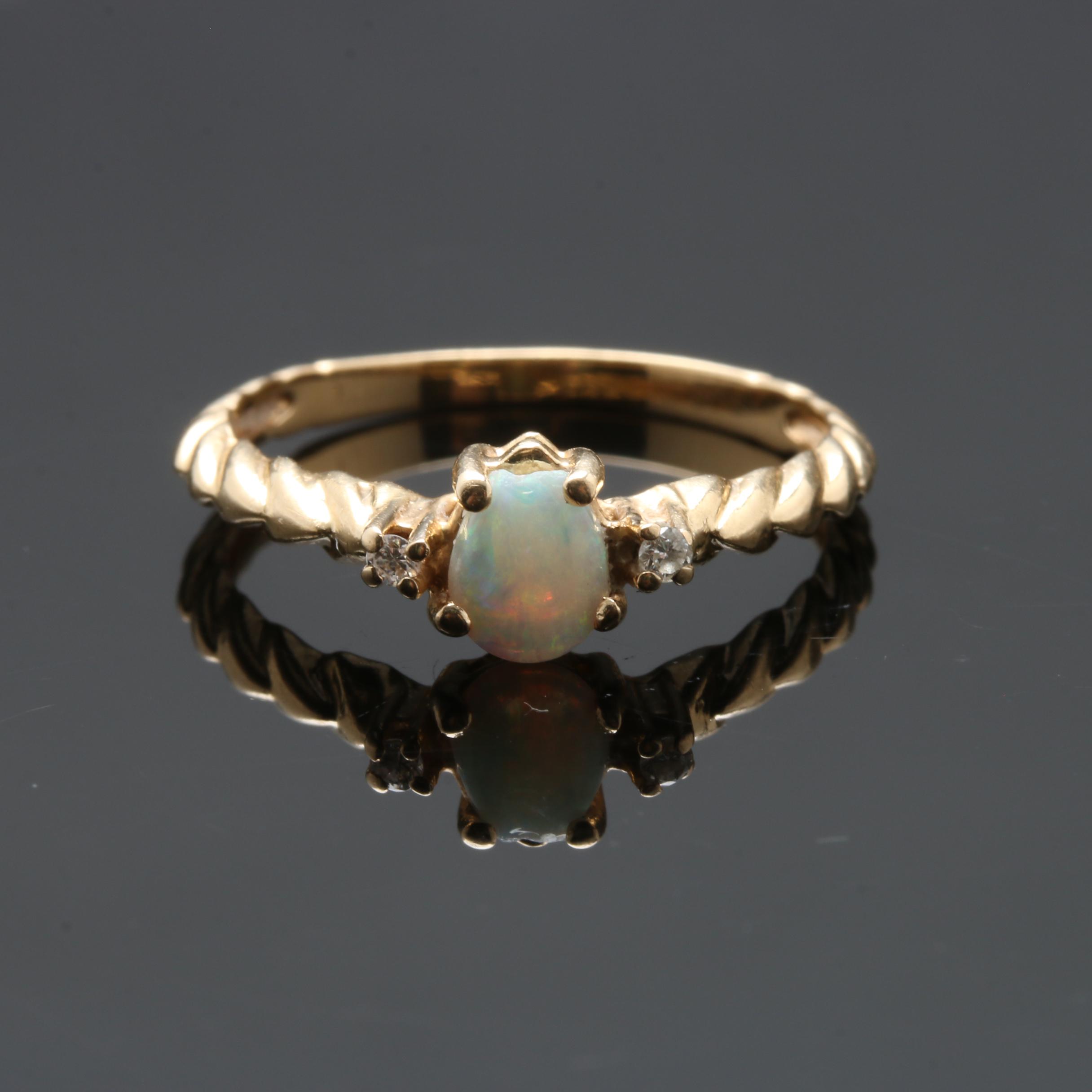 14K Yellow Gold Opal and Diamond Ring