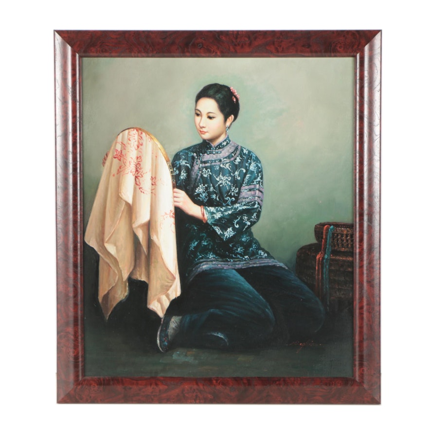 Minghin Oil Painting of a Woman Sewing