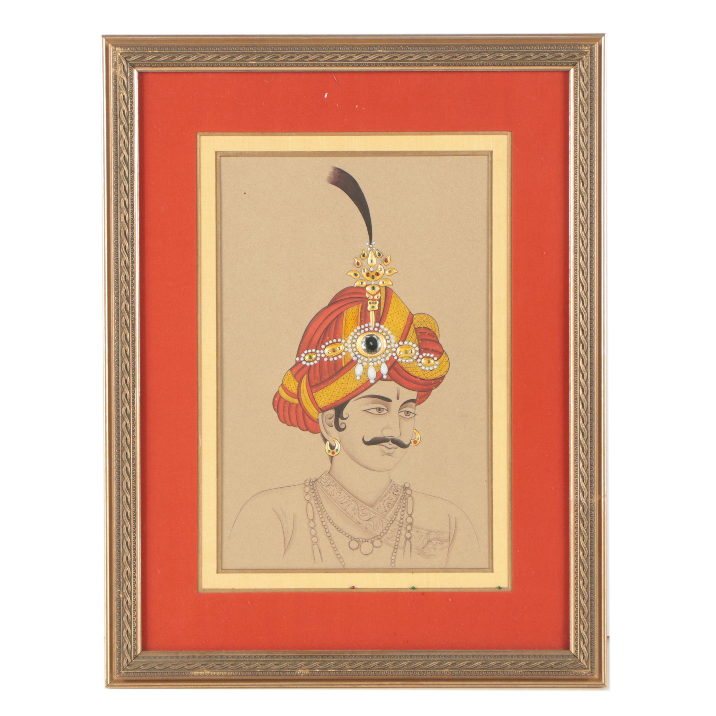 Embellished Gouache Portrait of a Man