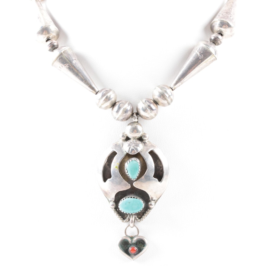 Southwestern Style Sterling Silver Turquoise and Coral Necklace