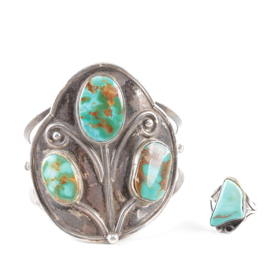 Sterling Silver Southwestern Style Turquoise Cuff Bracelet and Ring