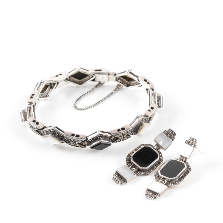 Sterling Silver Black Onyx, Mother of Pearl, and Marcasite Bracelet and Earrings