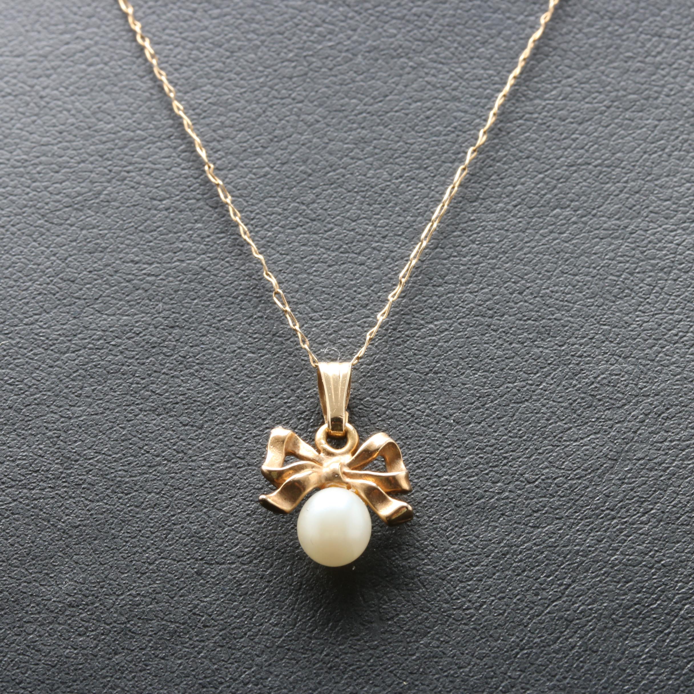 14K Yellow Gold Cultured Pearl Bow Necklace