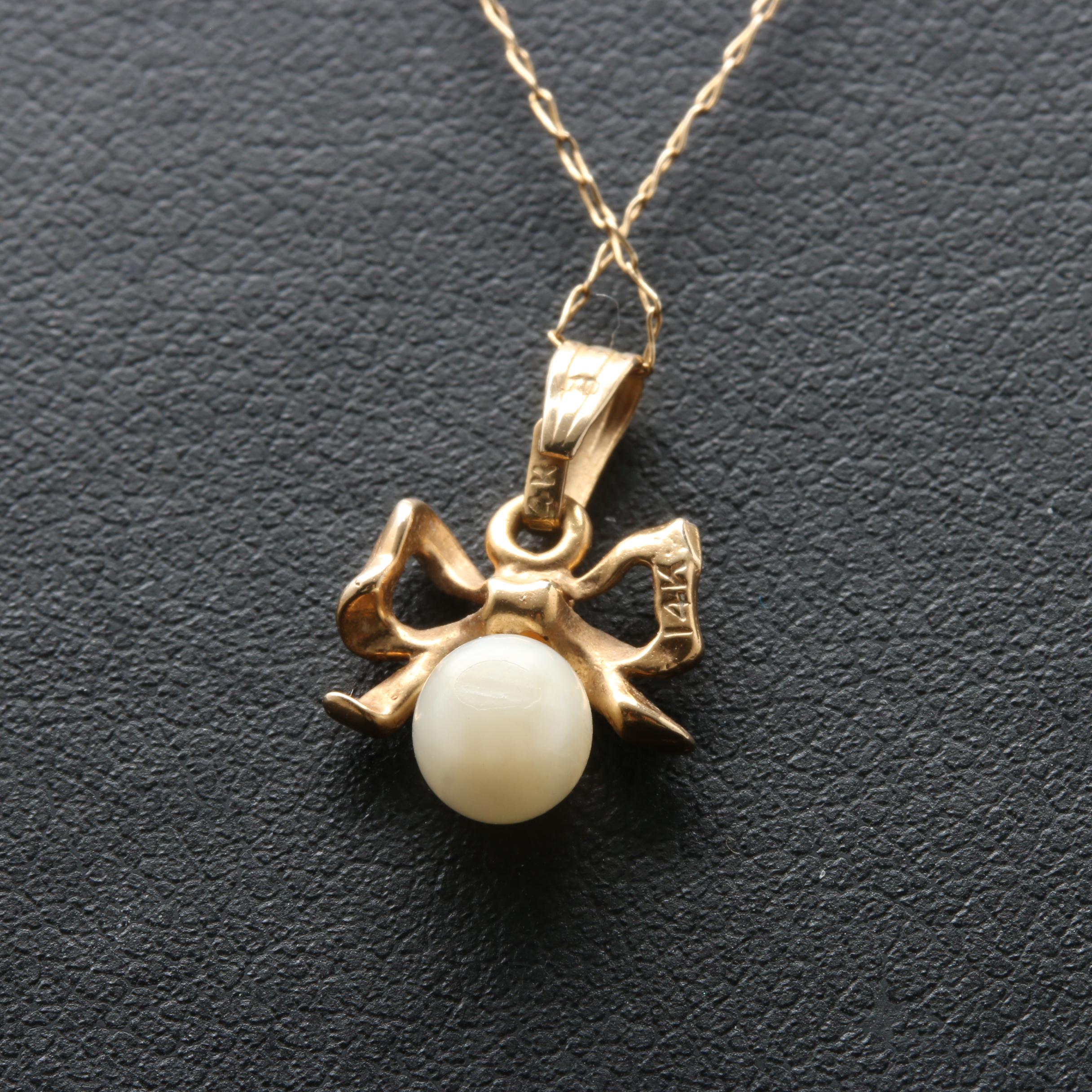 14K Yellow Gold Cultured Pearl Bow Necklace
