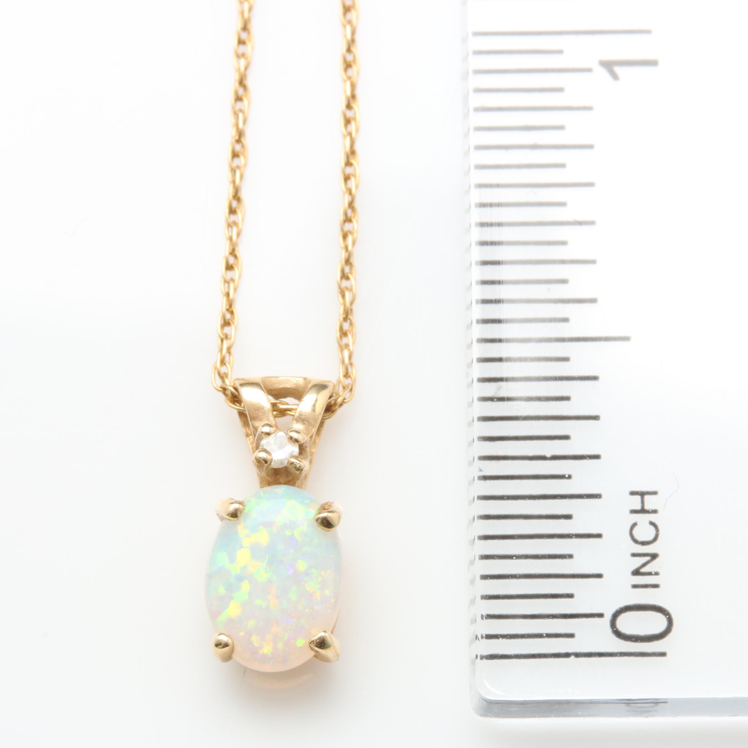 14K Yellow Gold Opal and Diamond Pendant Necklace