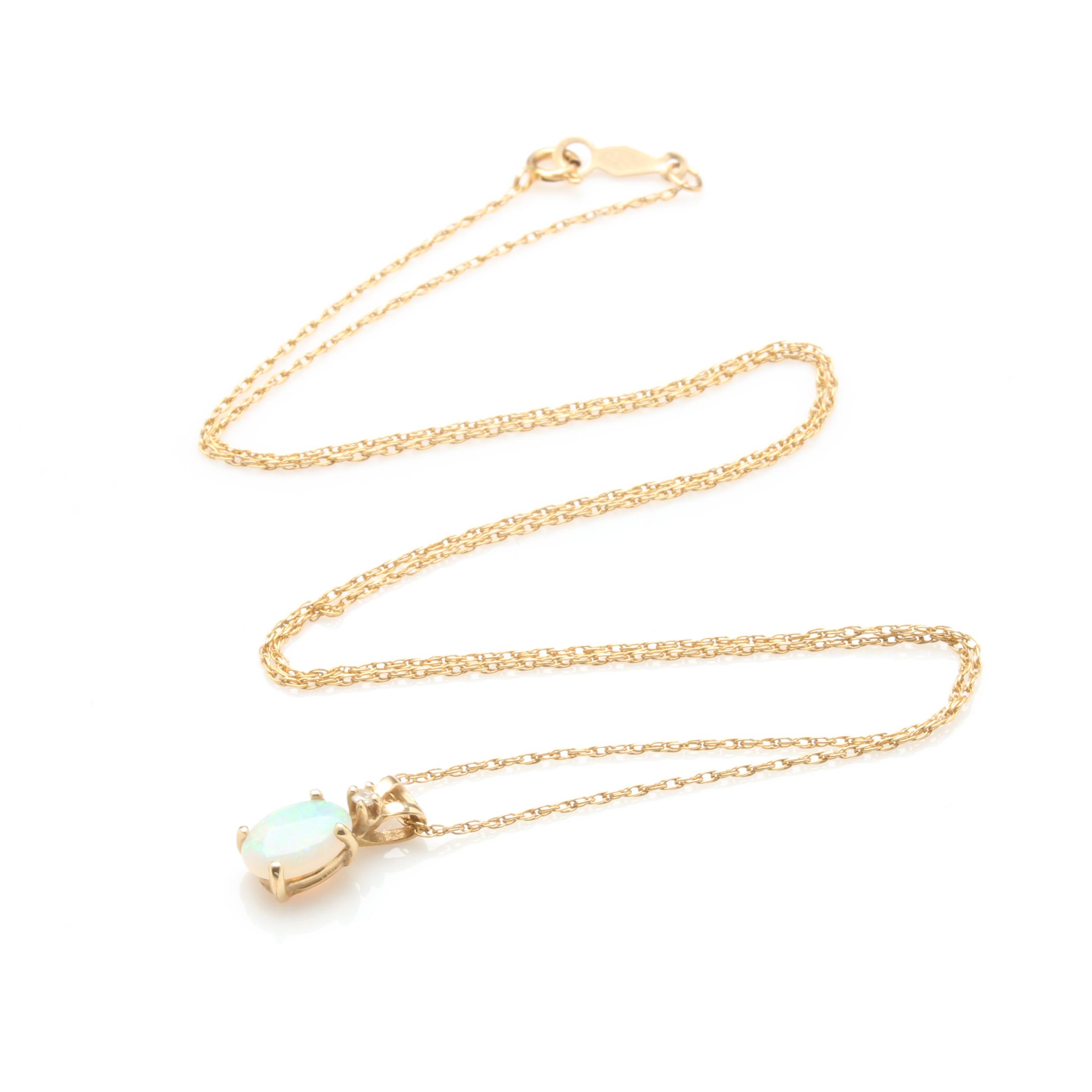14K Yellow Gold Opal and Diamond Pendant Necklace