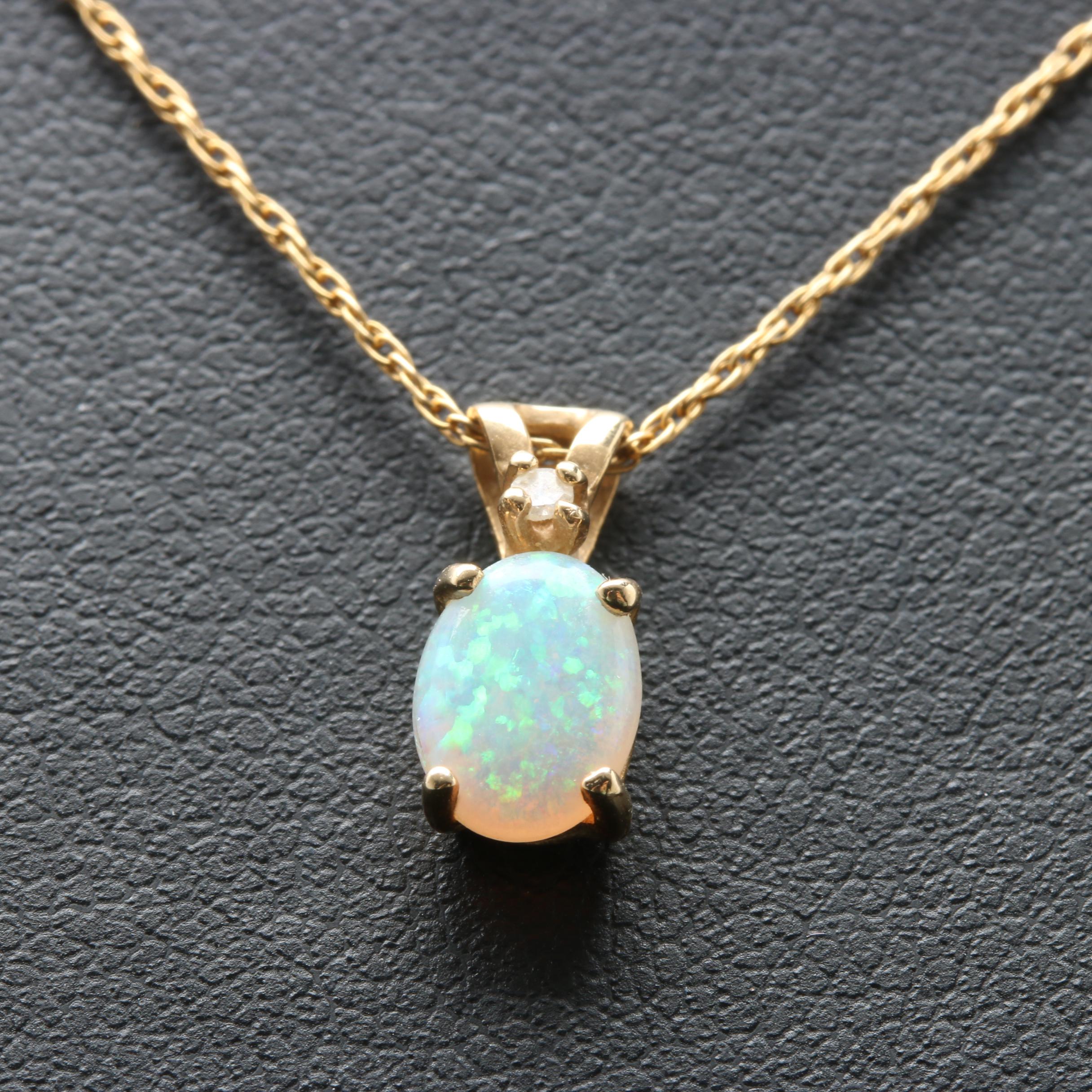 14K Yellow Gold Opal and Diamond Pendant Necklace