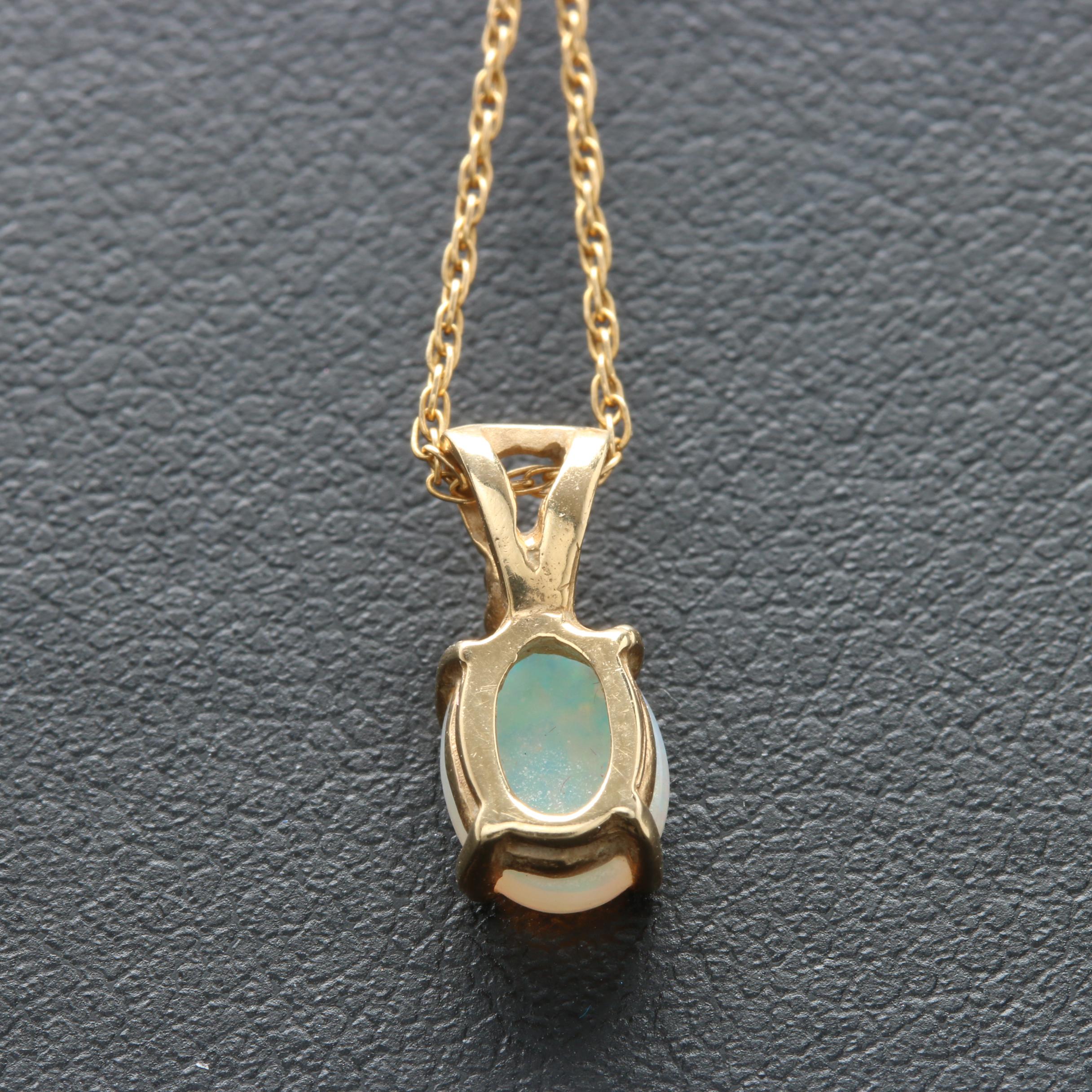 14K Yellow Gold Opal and Diamond Pendant Necklace