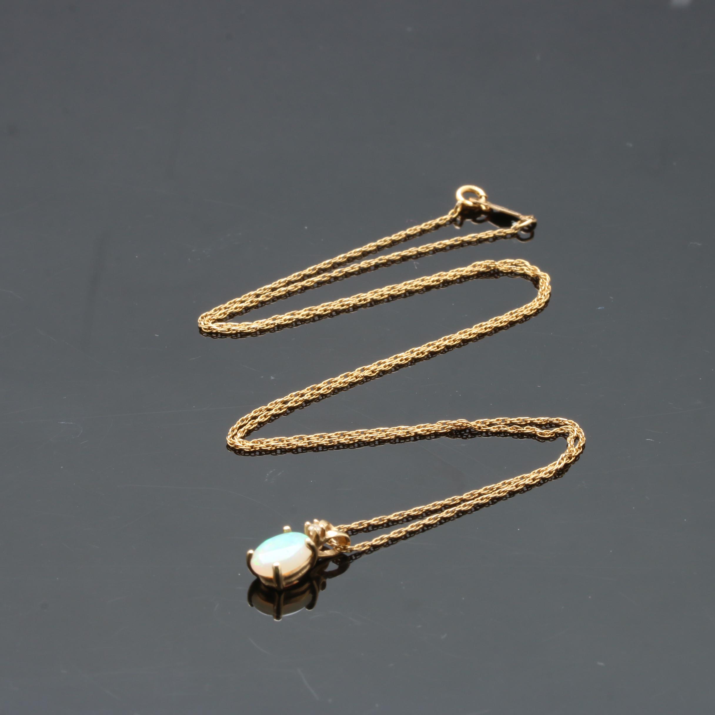 14K Yellow Gold Opal and Diamond Pendant Necklace