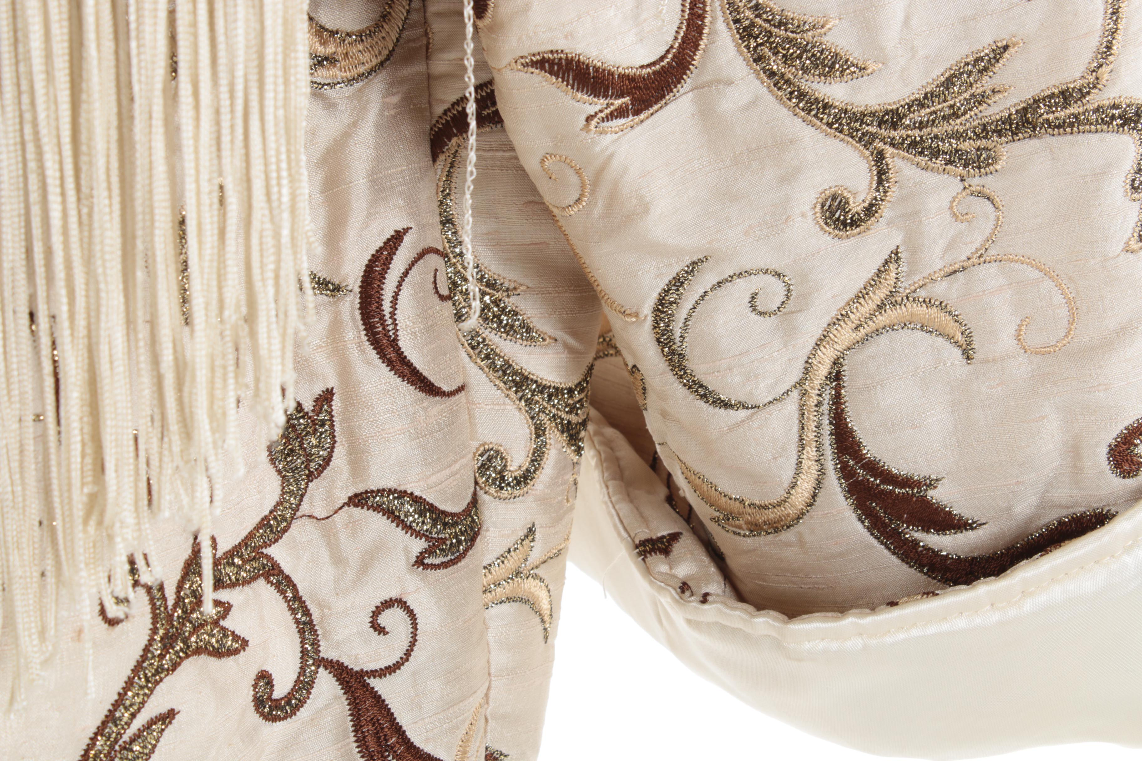 Women's Shock Italian Lattice Fringe Satin Robe with Embroidered Foliate Scrolls