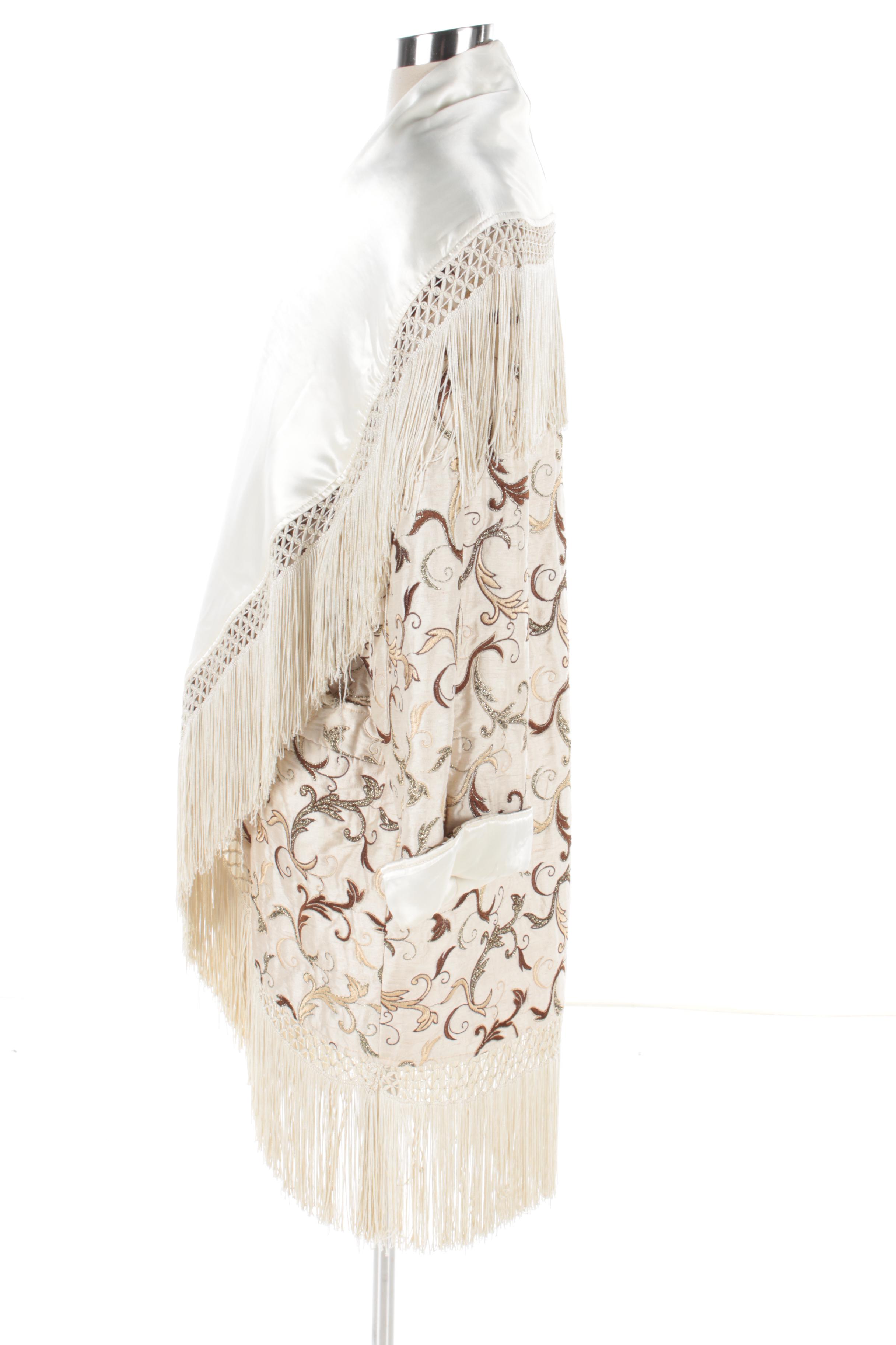 Women's Shock Italian Lattice Fringe Satin Robe with Embroidered Foliate Scrolls