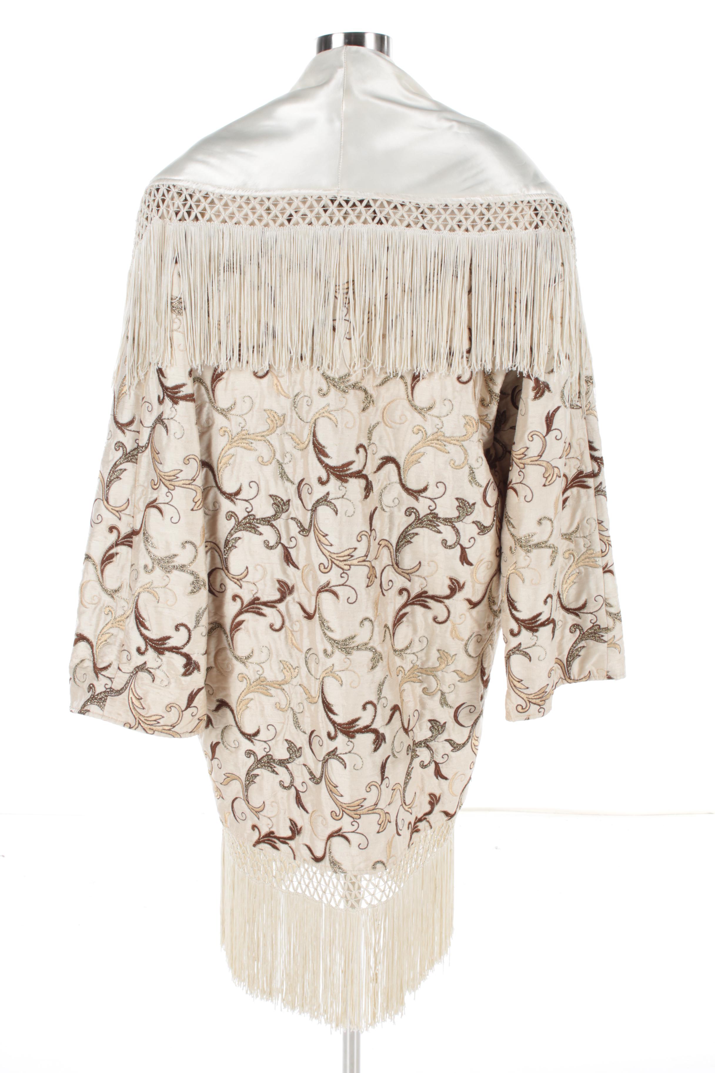 Women's Shock Italian Lattice Fringe Satin Robe with Embroidered Foliate Scrolls