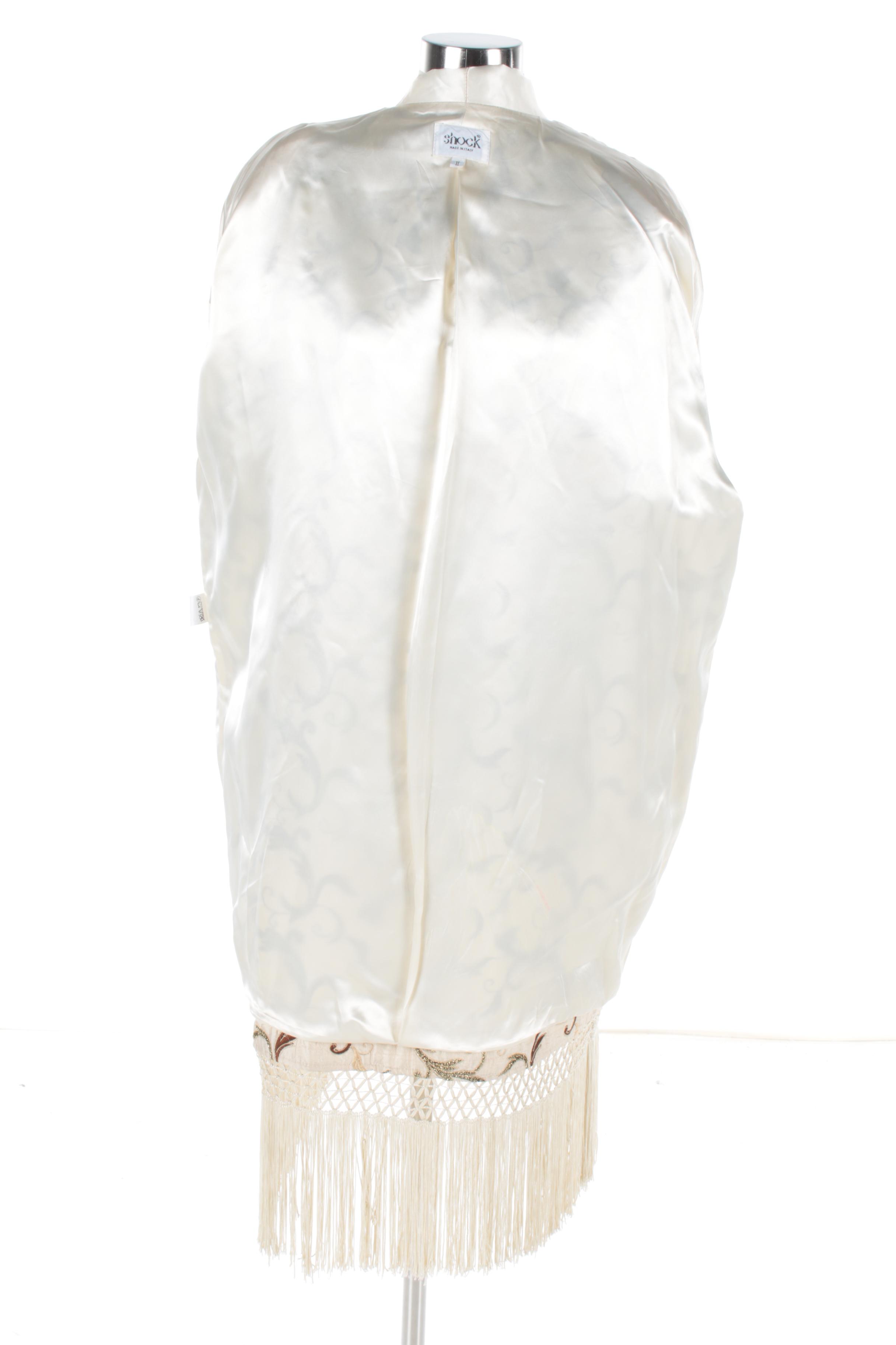 Women's Shock Italian Lattice Fringe Satin Robe with Embroidered Foliate Scrolls