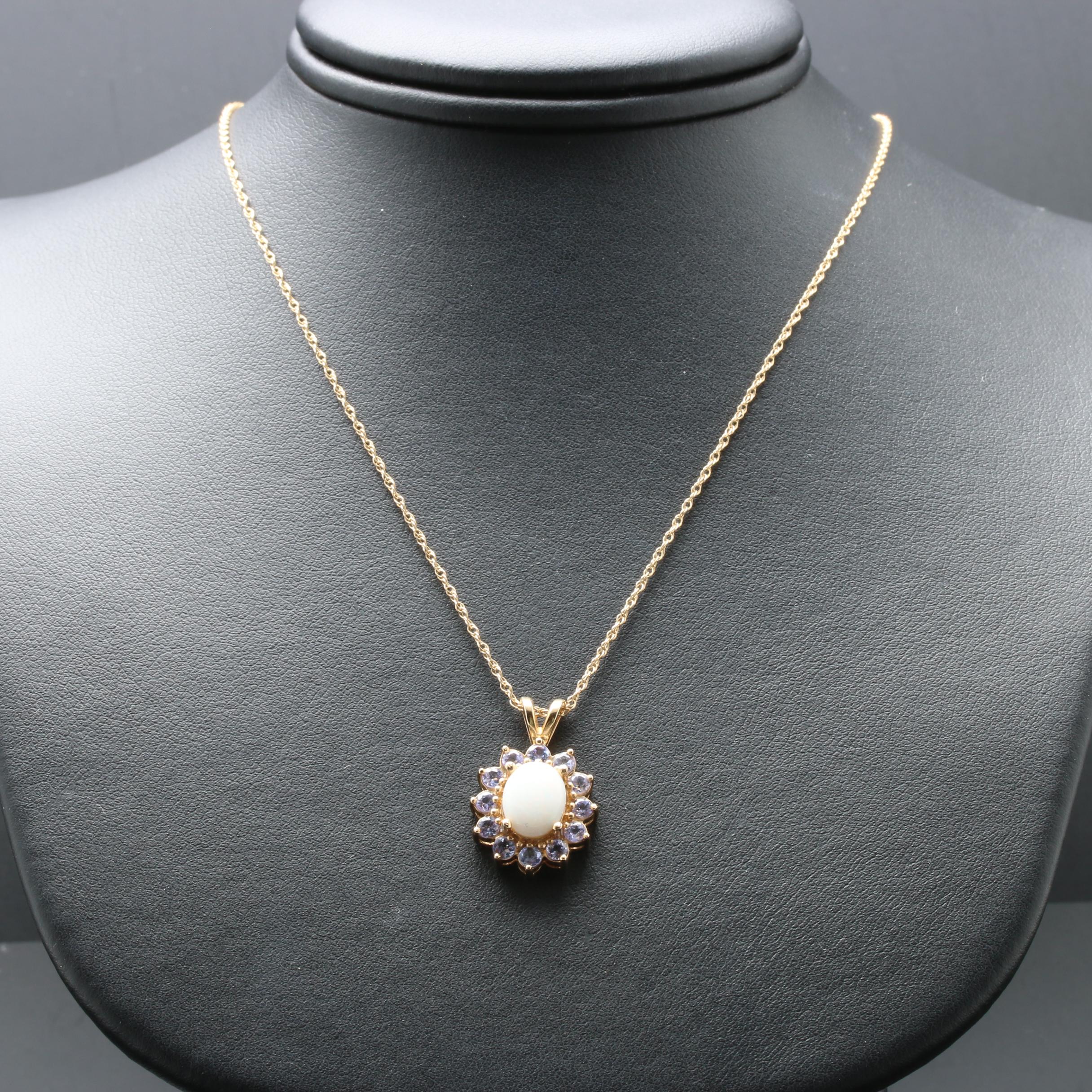 14K Yellow Gold Opal and Tanzanite Pendant Necklace