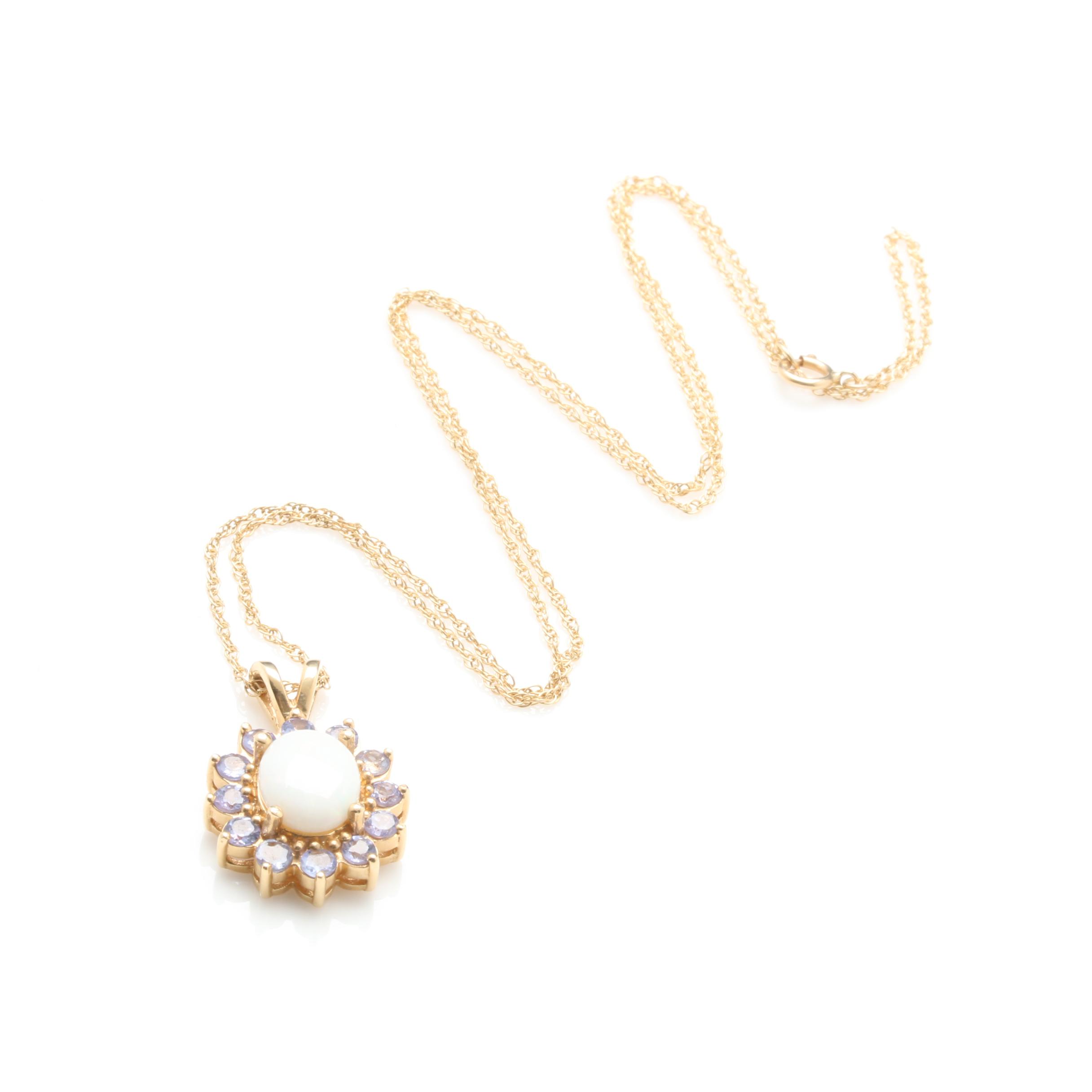 14K Yellow Gold Opal and Tanzanite Pendant Necklace