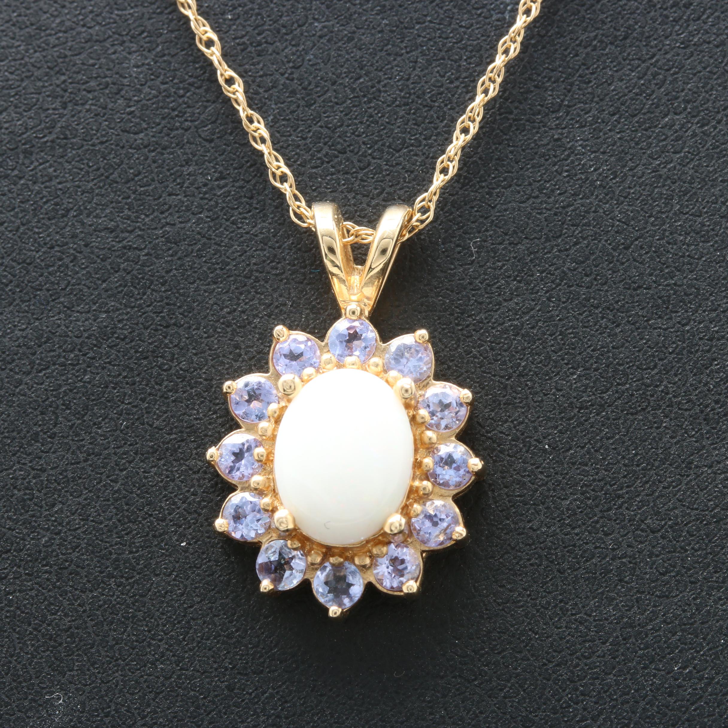 14K Yellow Gold Opal and Tanzanite Pendant Necklace