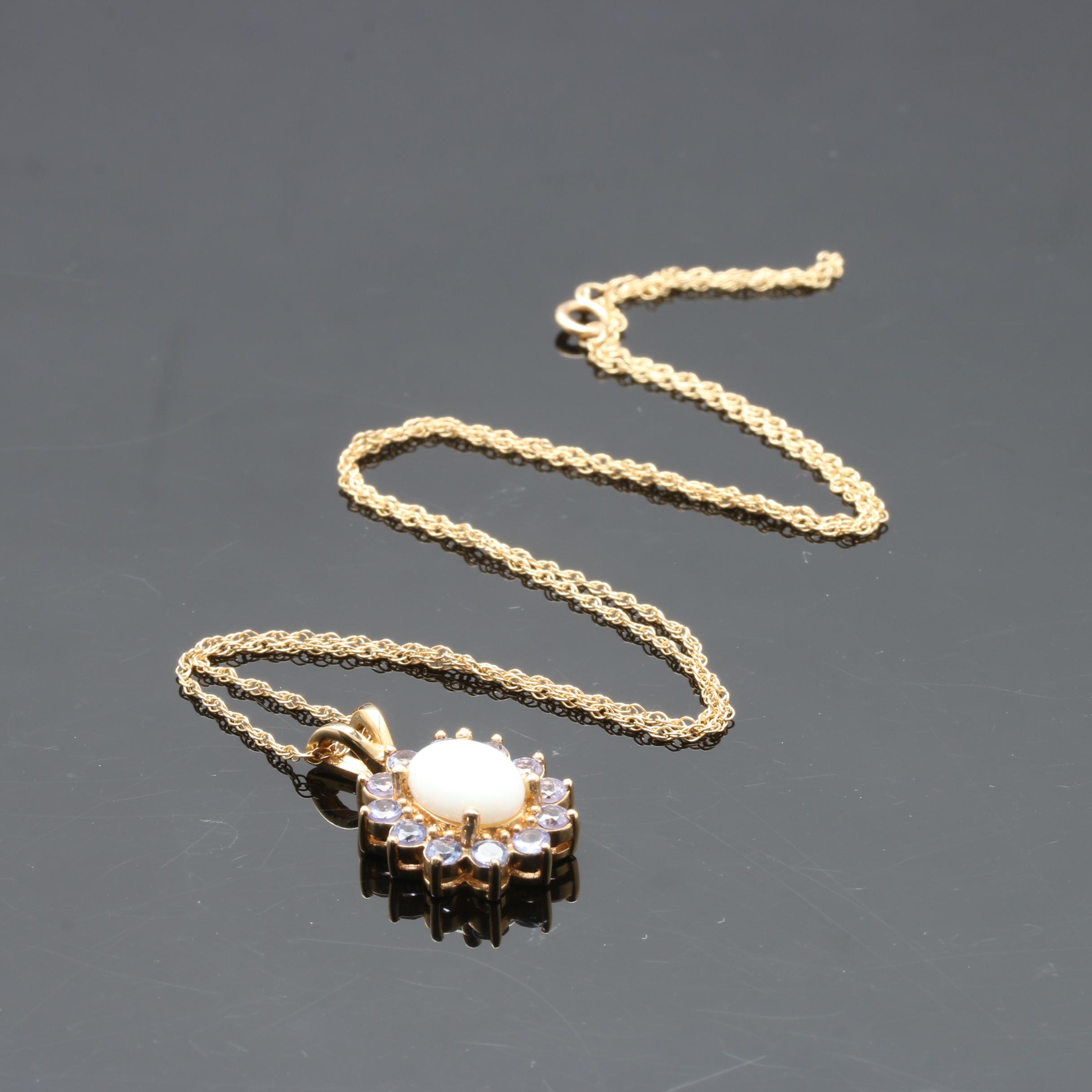 14K Yellow Gold Opal and Tanzanite Pendant Necklace
