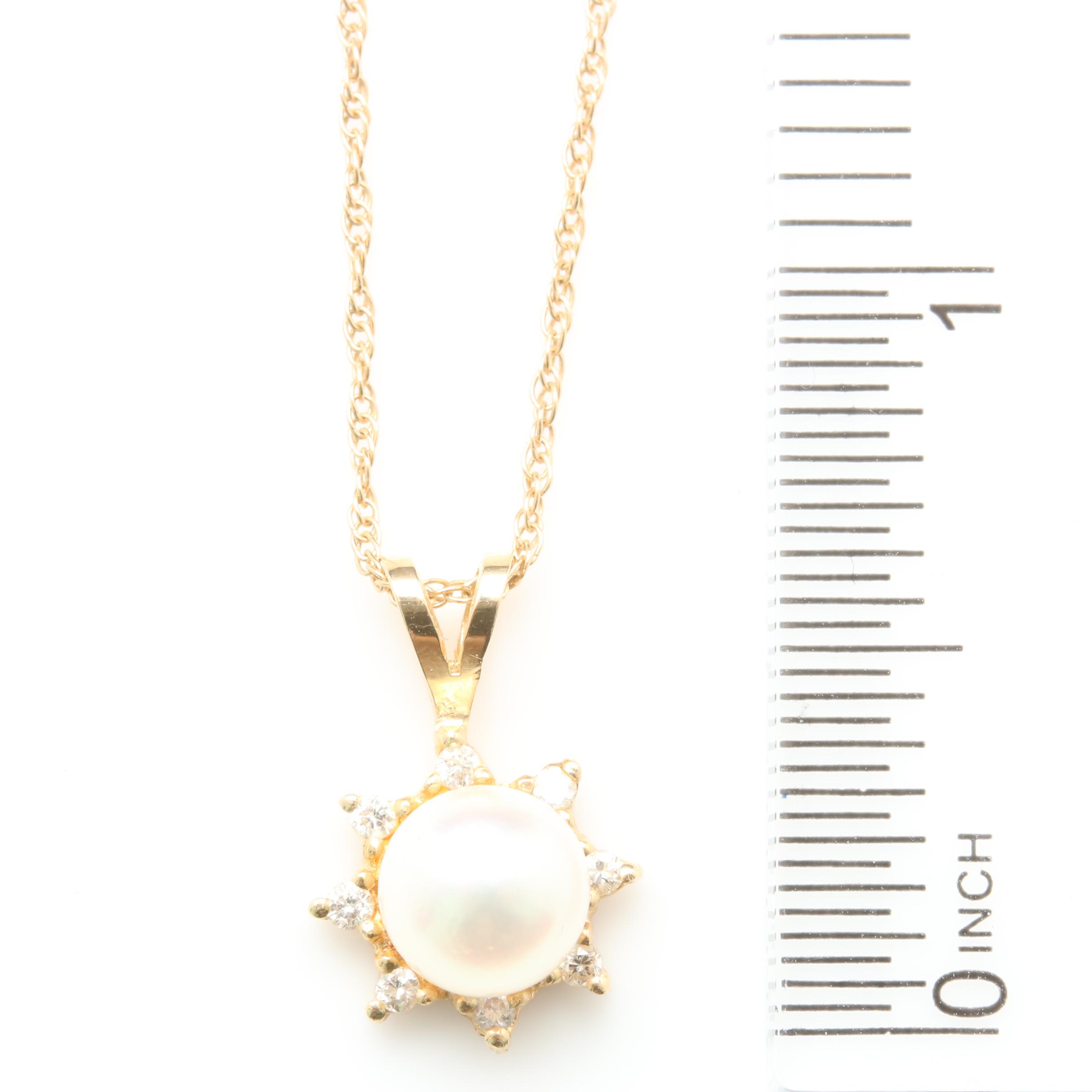 14K Yellow Gold Cultured Pearl and Diamond Pendant Necklace