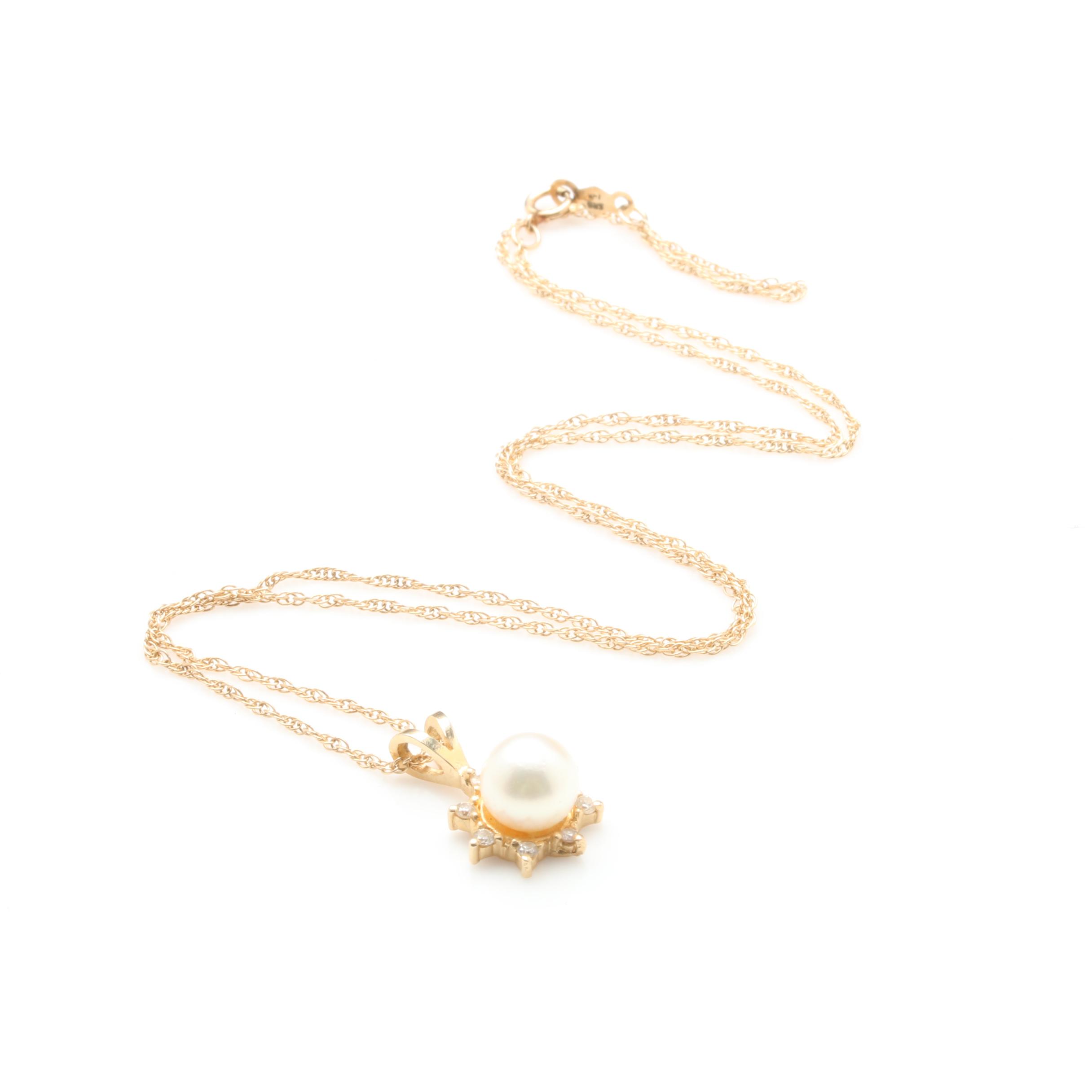 14K Yellow Gold Cultured Pearl and Diamond Pendant Necklace