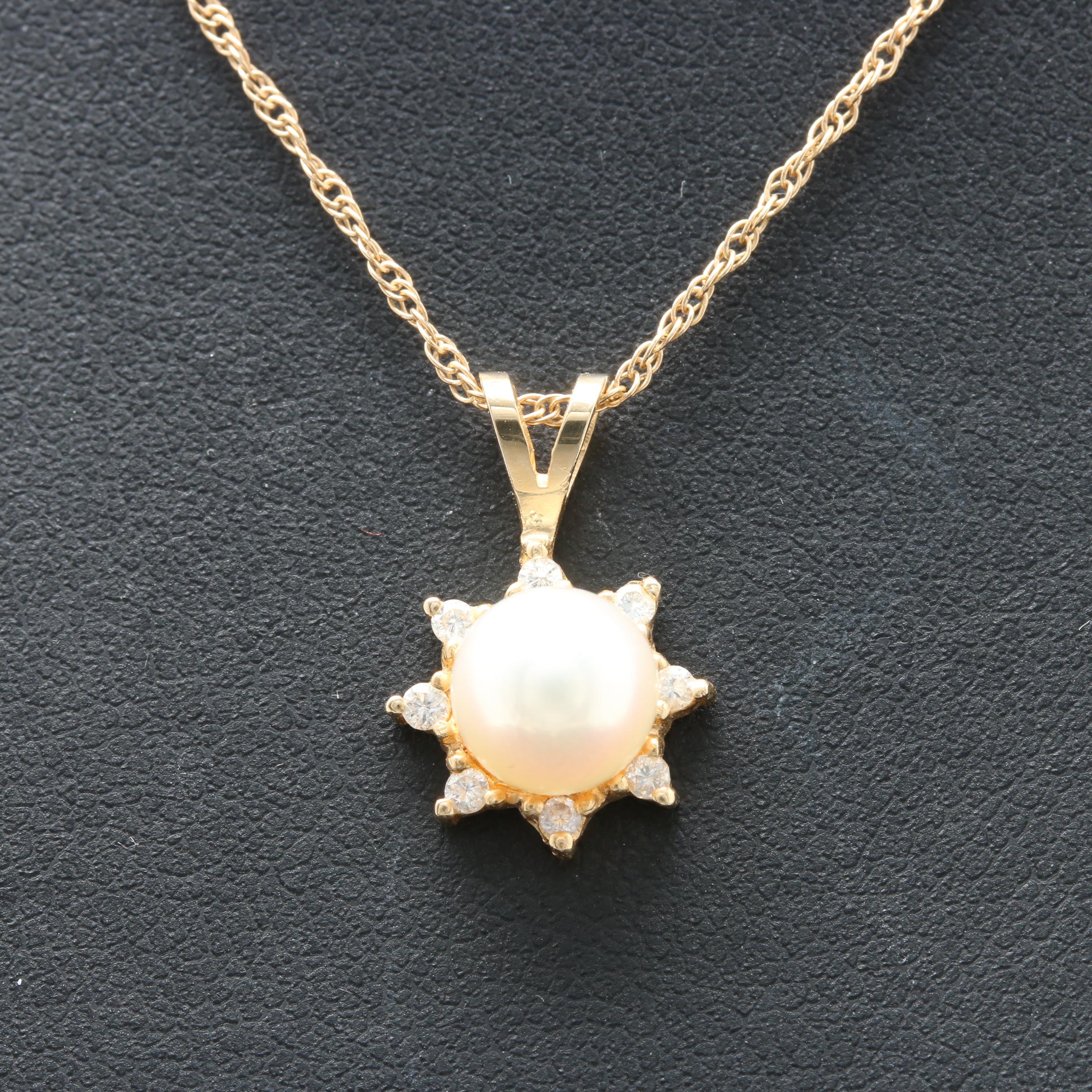 14K Yellow Gold Cultured Pearl and Diamond Pendant Necklace