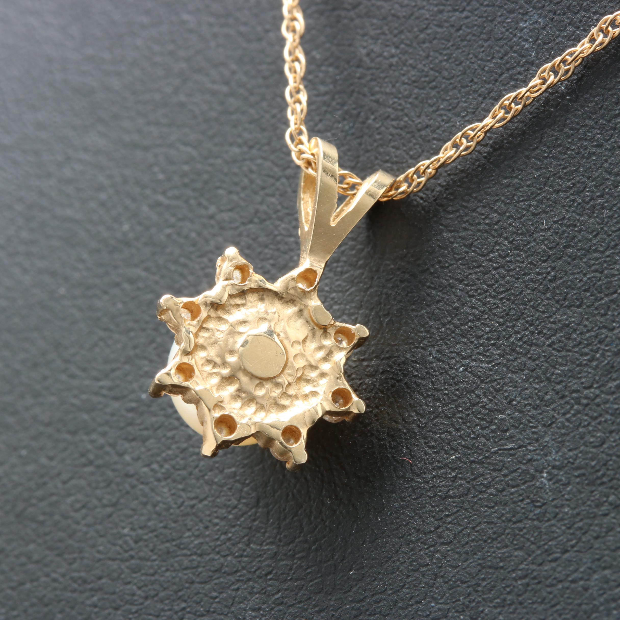 14K Yellow Gold Cultured Pearl and Diamond Pendant Necklace