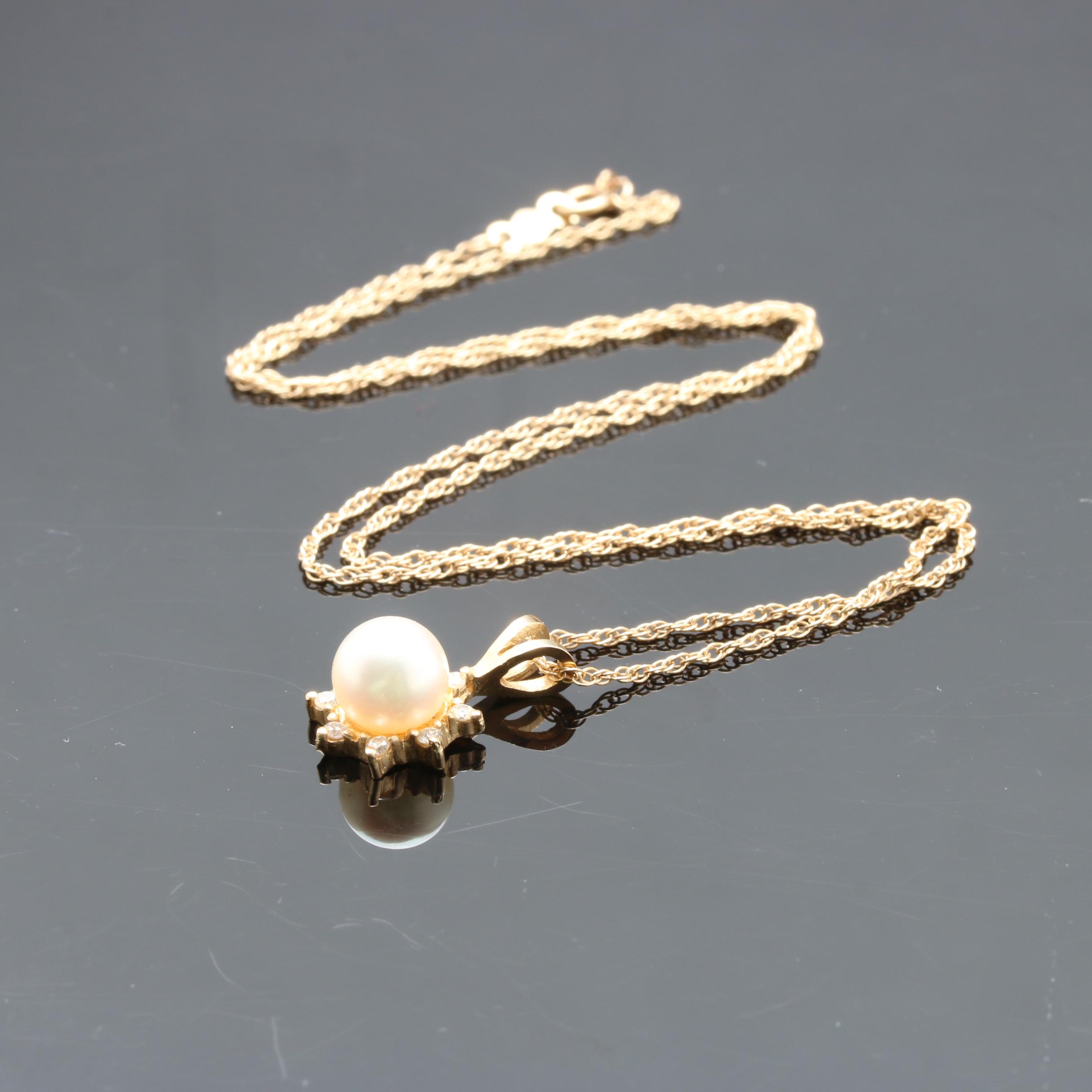 14K Yellow Gold Cultured Pearl and Diamond Pendant Necklace