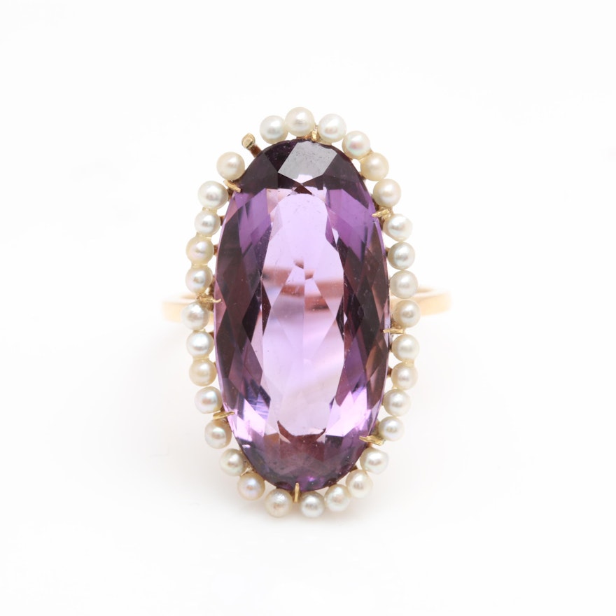 Victorian 14K Yellow Gold Amethyst and Cultured Seed Pearl Ring