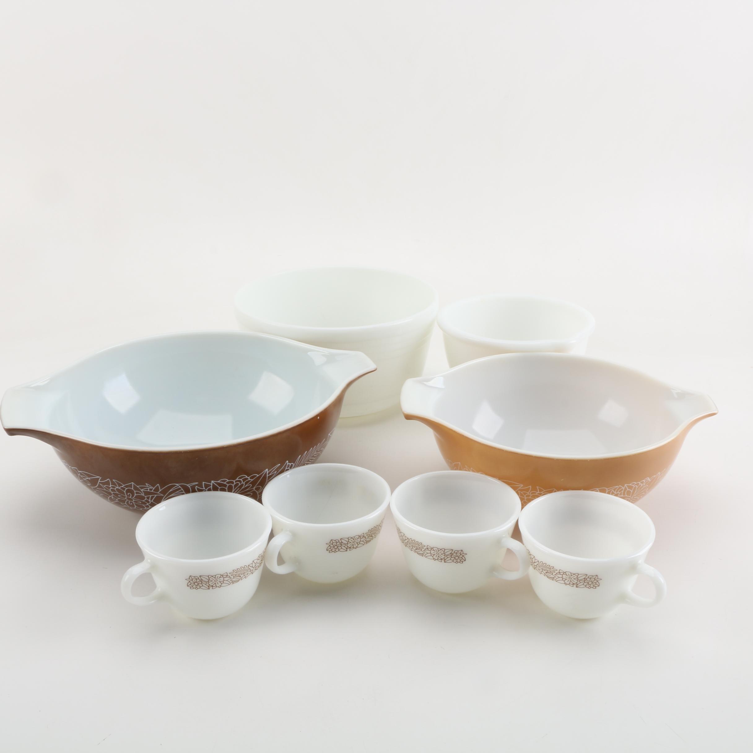 Vintage Pyrex "Woodland" Mixing Bowls and Cups with Hamilton Beach Mixer Bowls