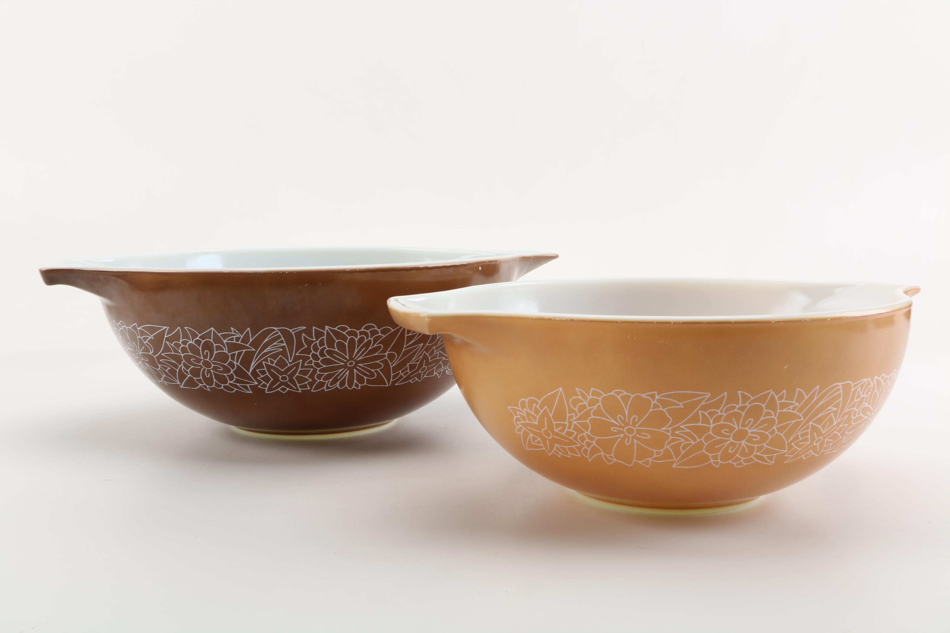 Vintage Pyrex "Woodland" Mixing Bowls and Cups with Hamilton Beach Mixer Bowls