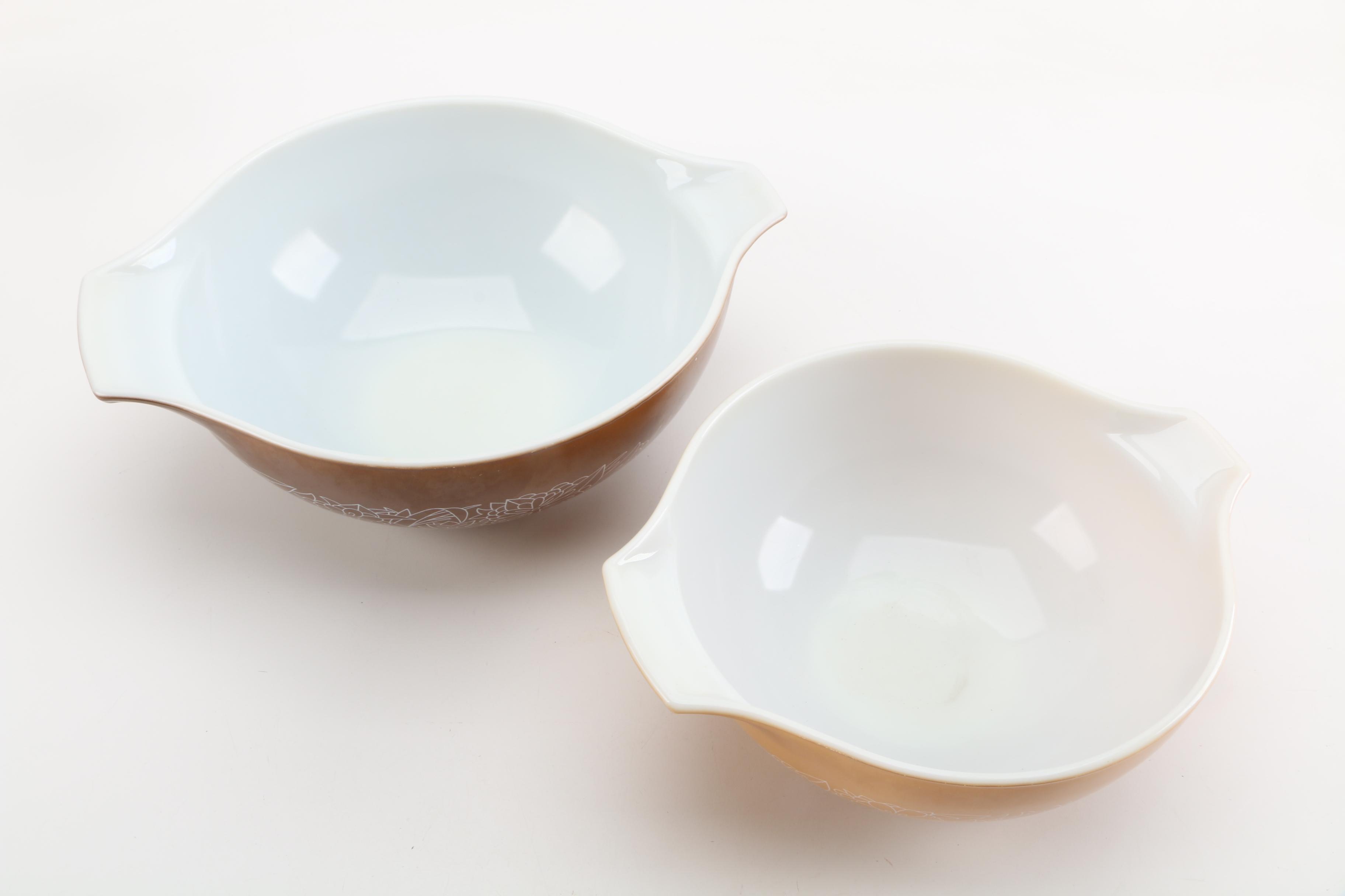 Vintage Pyrex "Woodland" Mixing Bowls and Cups with Hamilton Beach Mixer Bowls