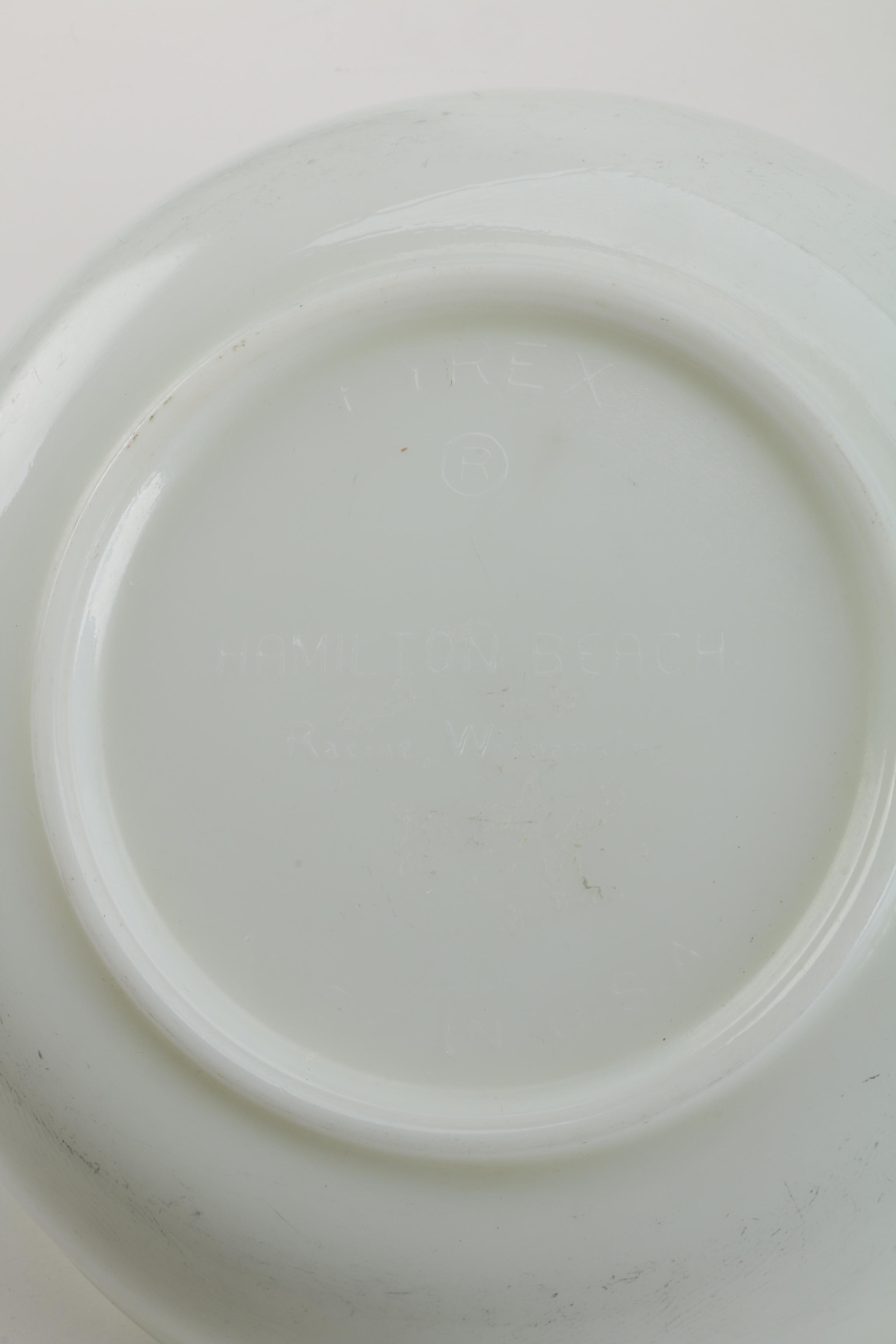 Vintage Pyrex "Woodland" Mixing Bowls and Cups with Hamilton Beach Mixer Bowls