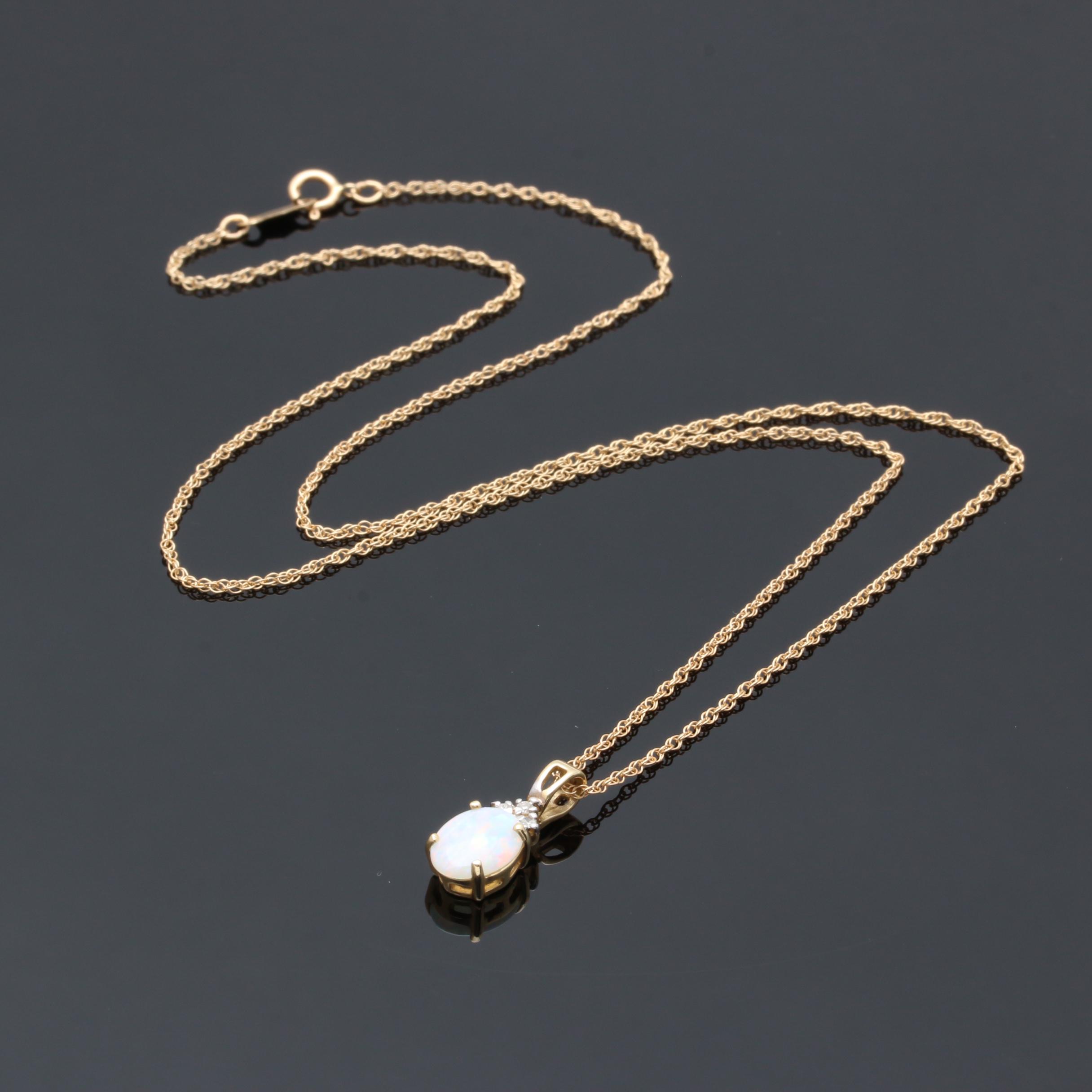 14K Yellow Gold Opal and Diamond Necklace