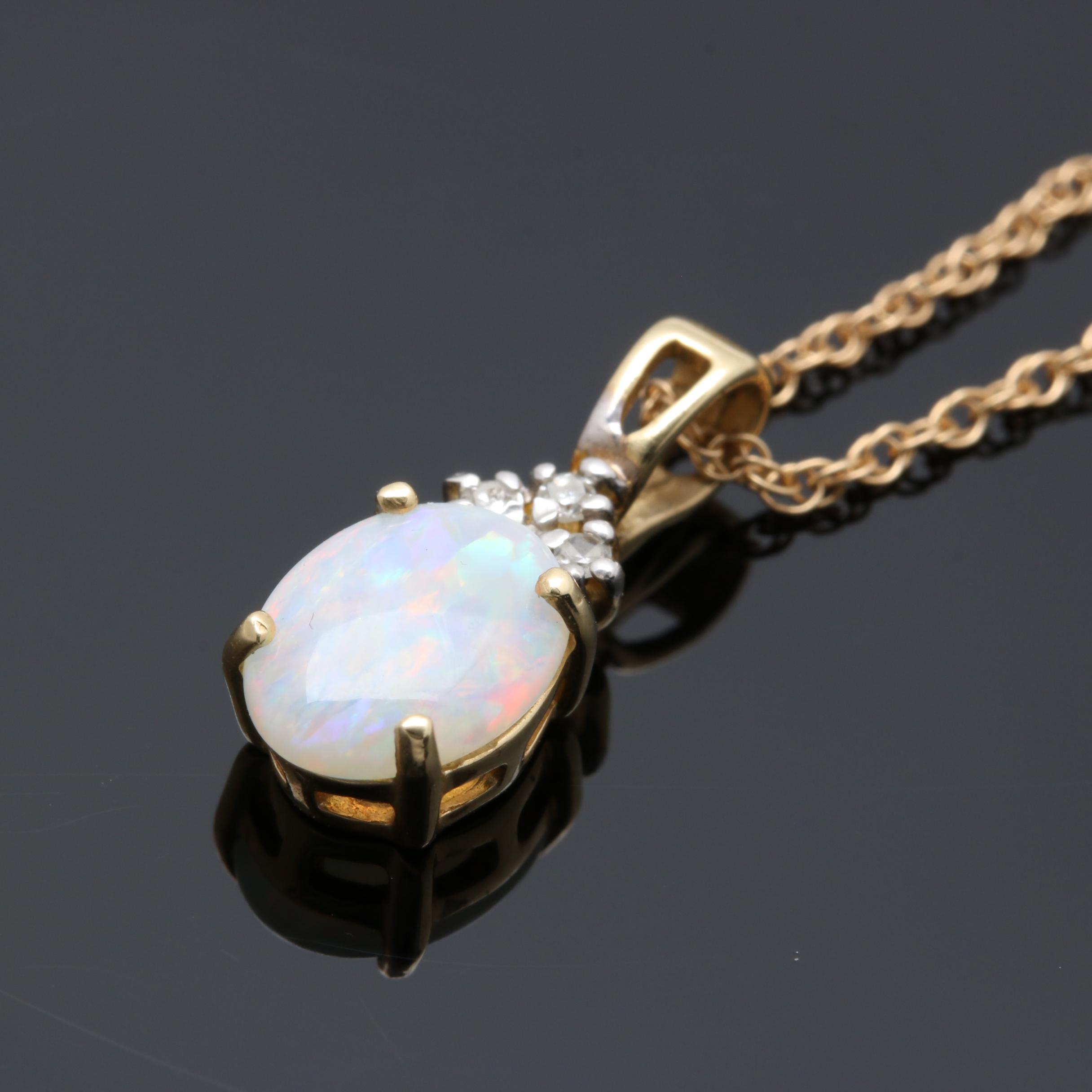 14K Yellow Gold Opal and Diamond Necklace