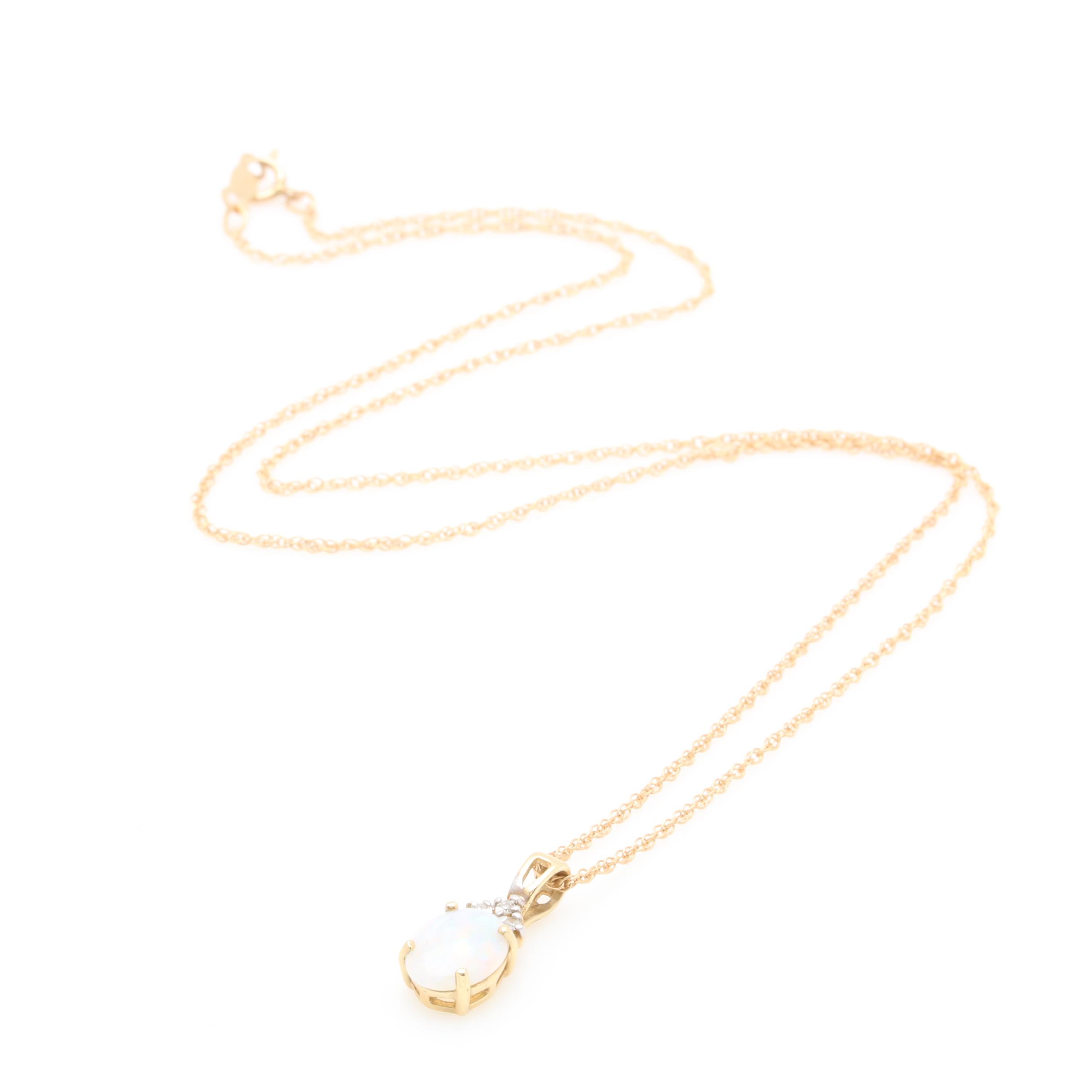 14K Yellow Gold Opal and Diamond Necklace