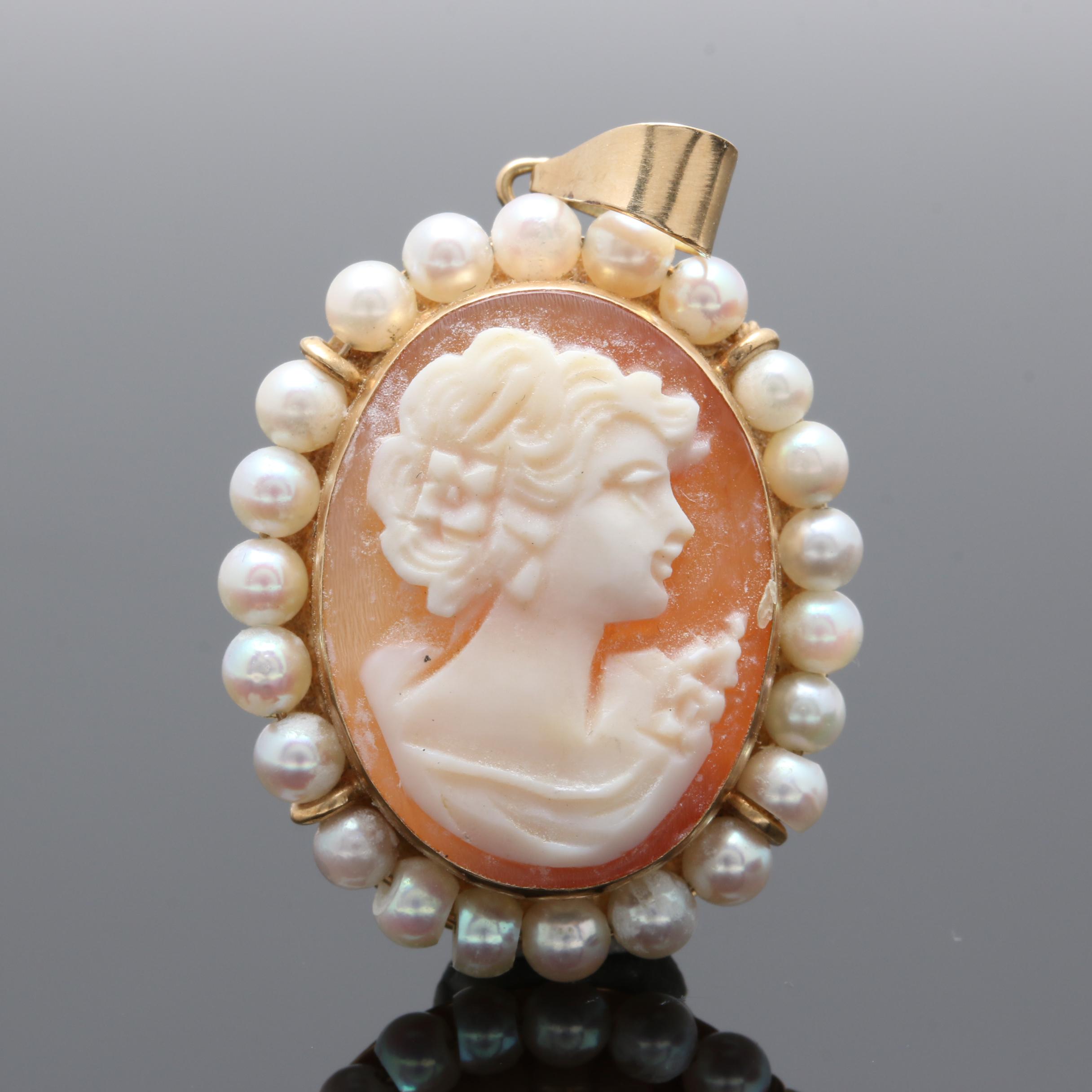 14K Yellow Gold Shell and Cultured Pearl Cameo Pendant