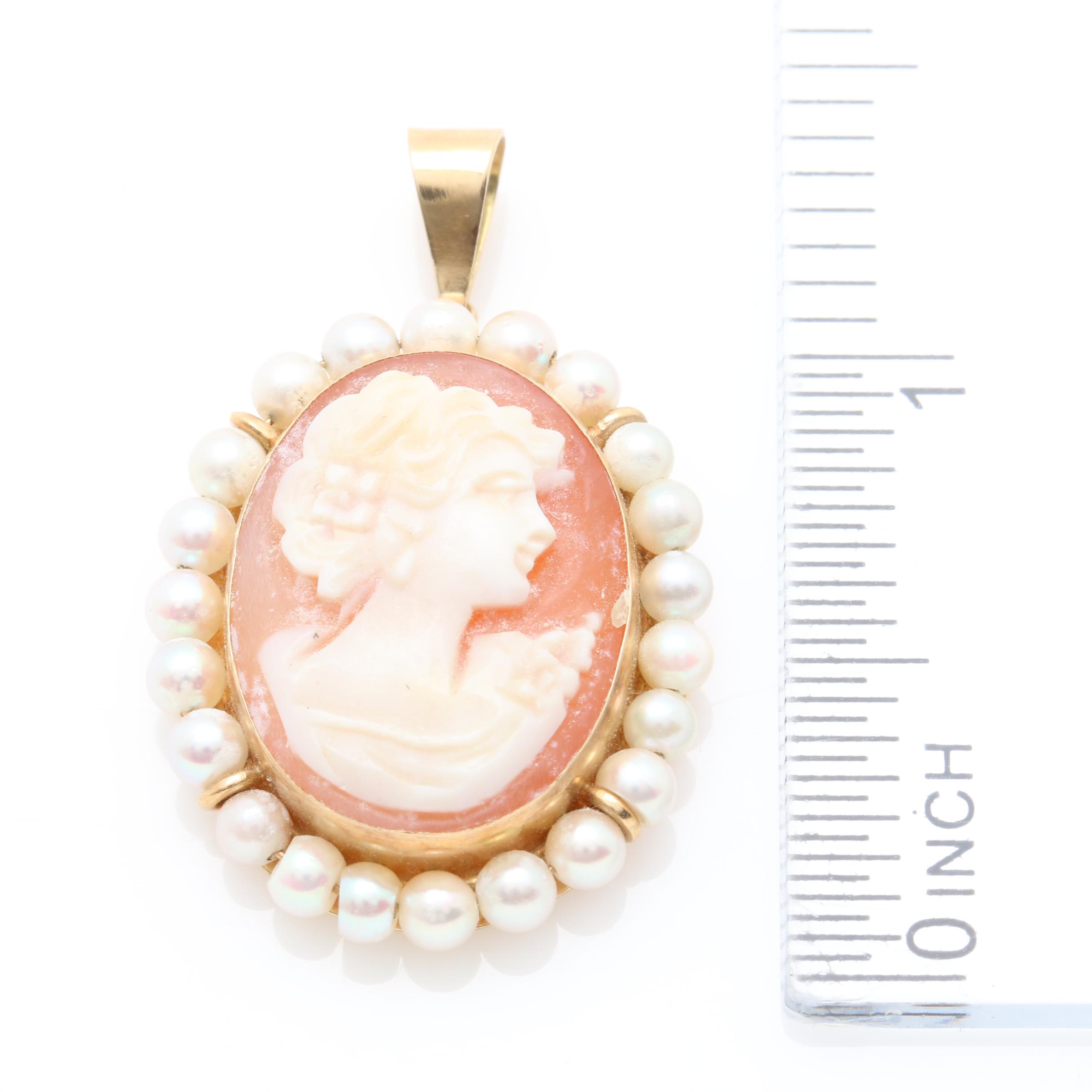 14K Yellow Gold Shell and Cultured Pearl Cameo Pendant
