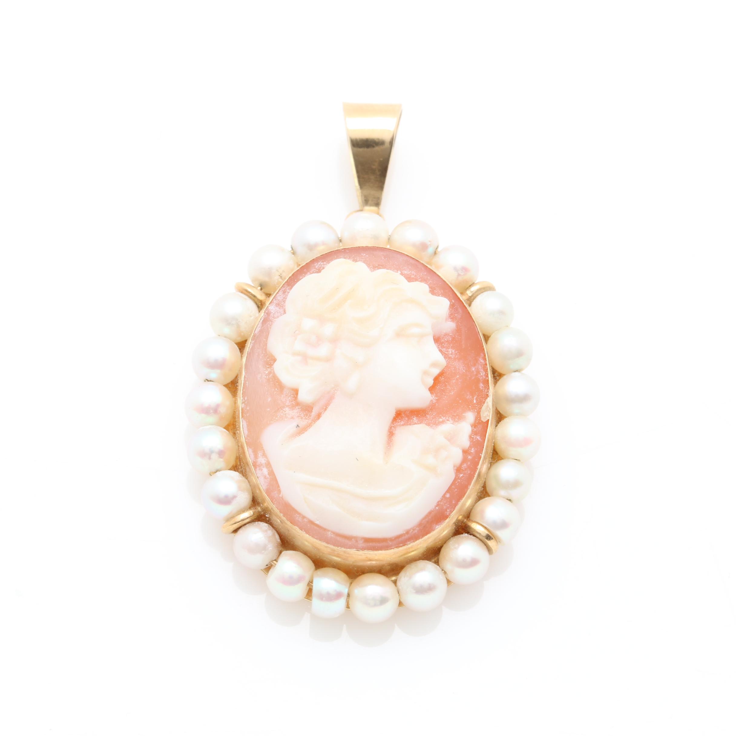14K Yellow Gold Shell and Cultured Pearl Cameo Pendant