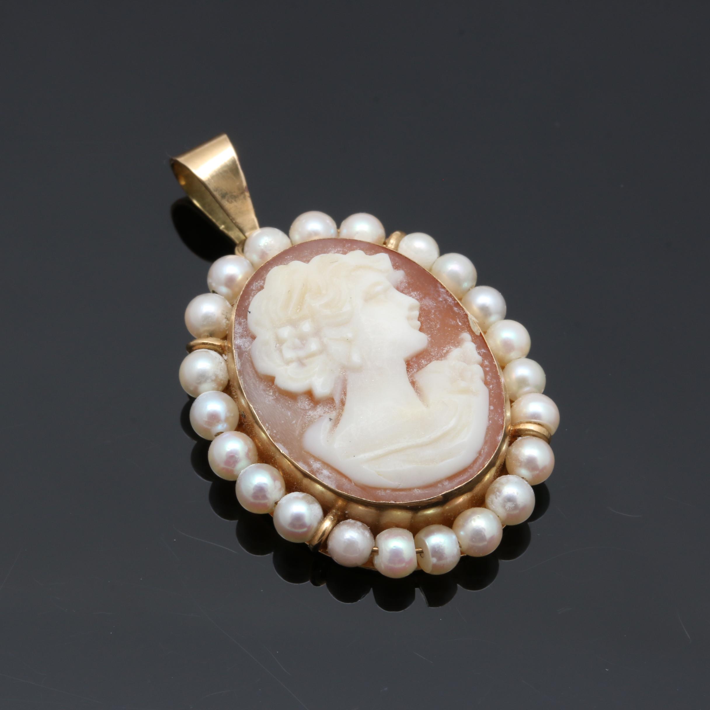 14K Yellow Gold Shell and Cultured Pearl Cameo Pendant
