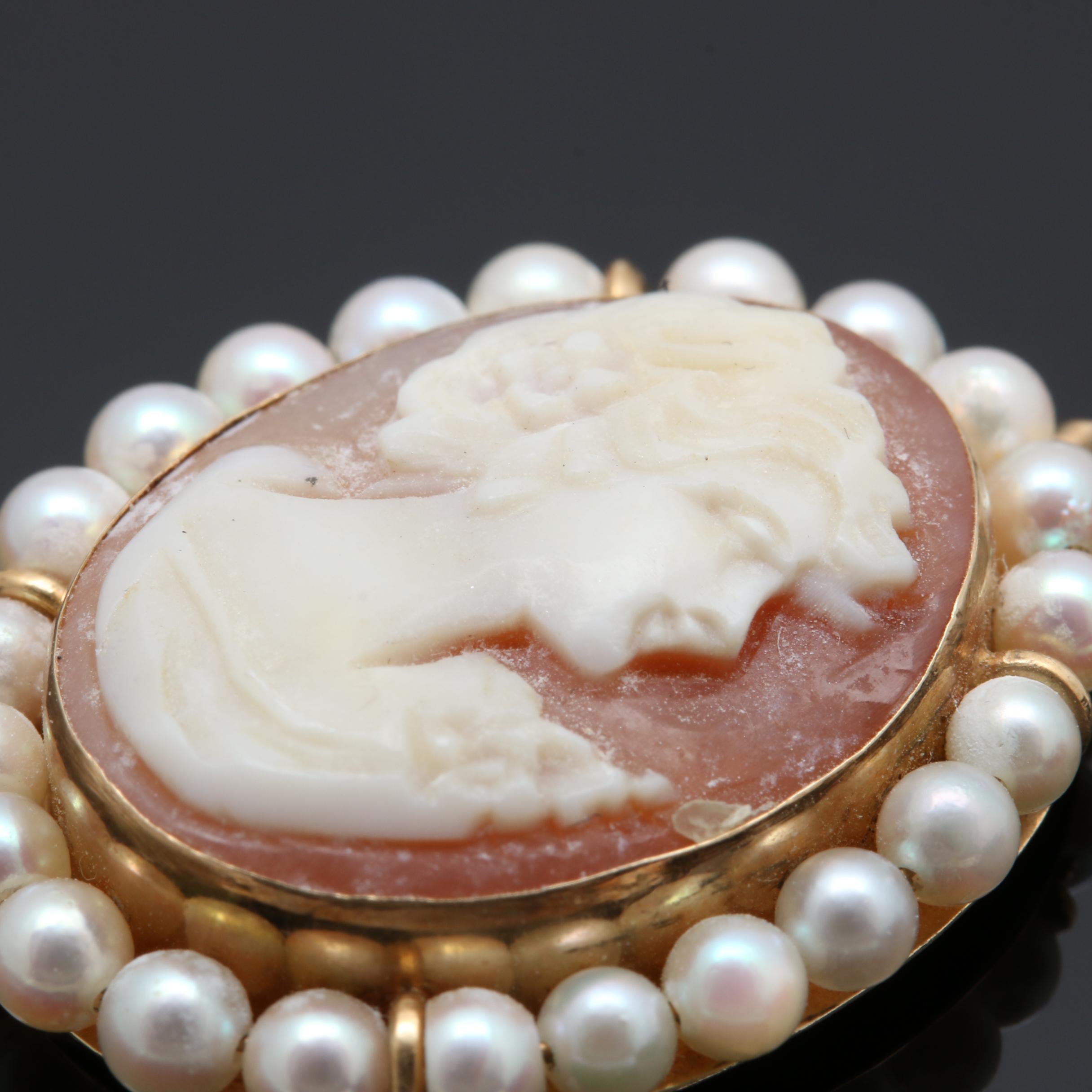 14K Yellow Gold Shell and Cultured Pearl Cameo Pendant