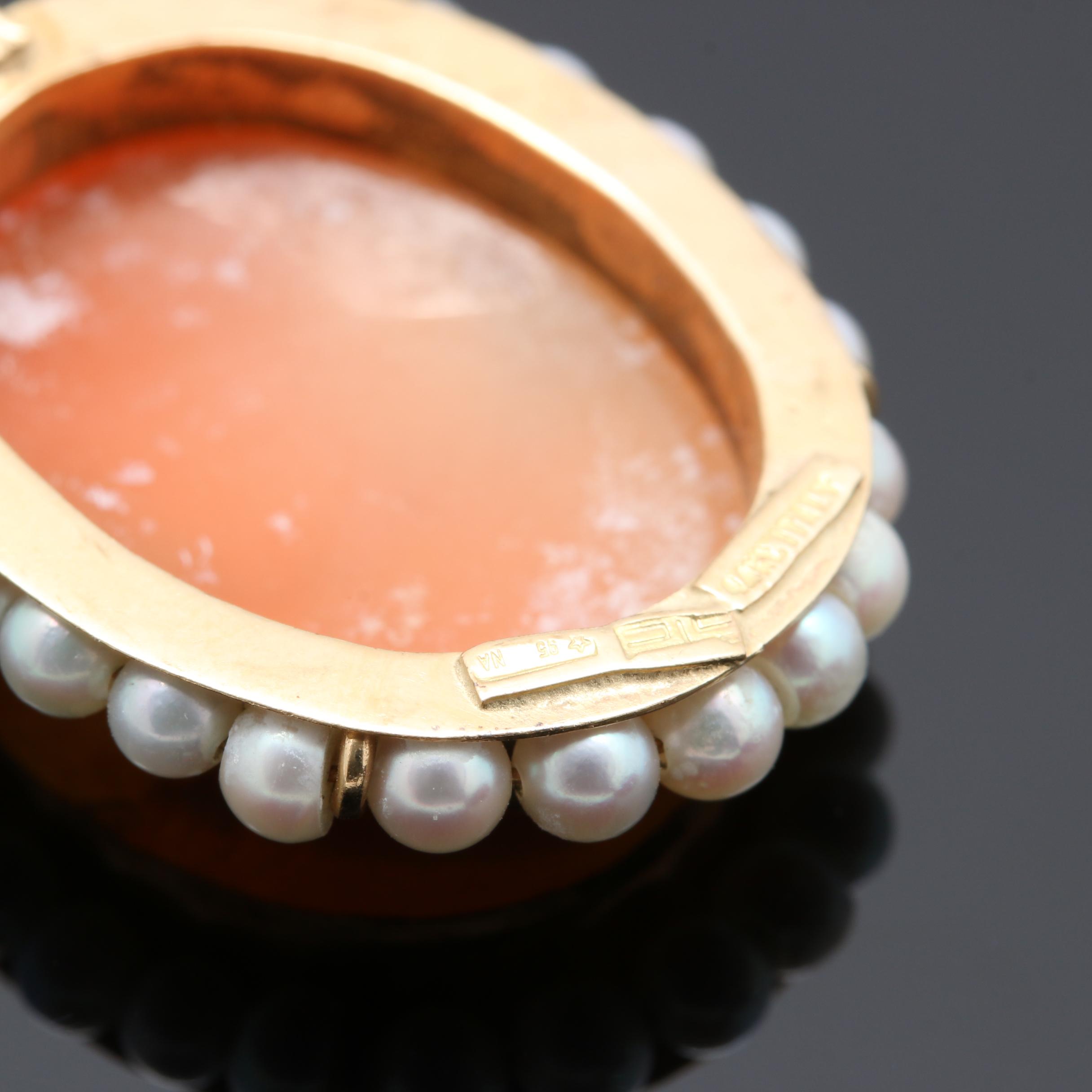14K Yellow Gold Shell and Cultured Pearl Cameo Pendant